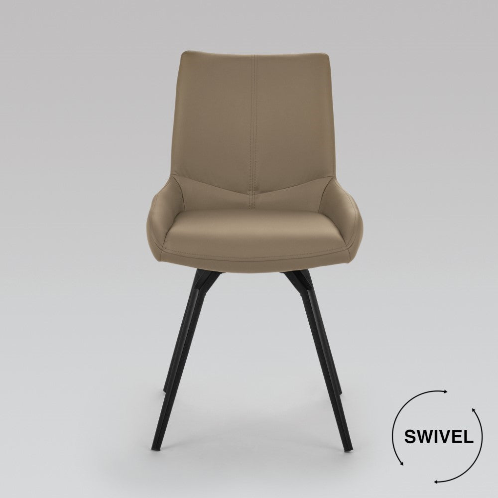 Pair of Xcella Nona swivel dining chairs with taupe leatherette upholstery and modern design, shown from the front.