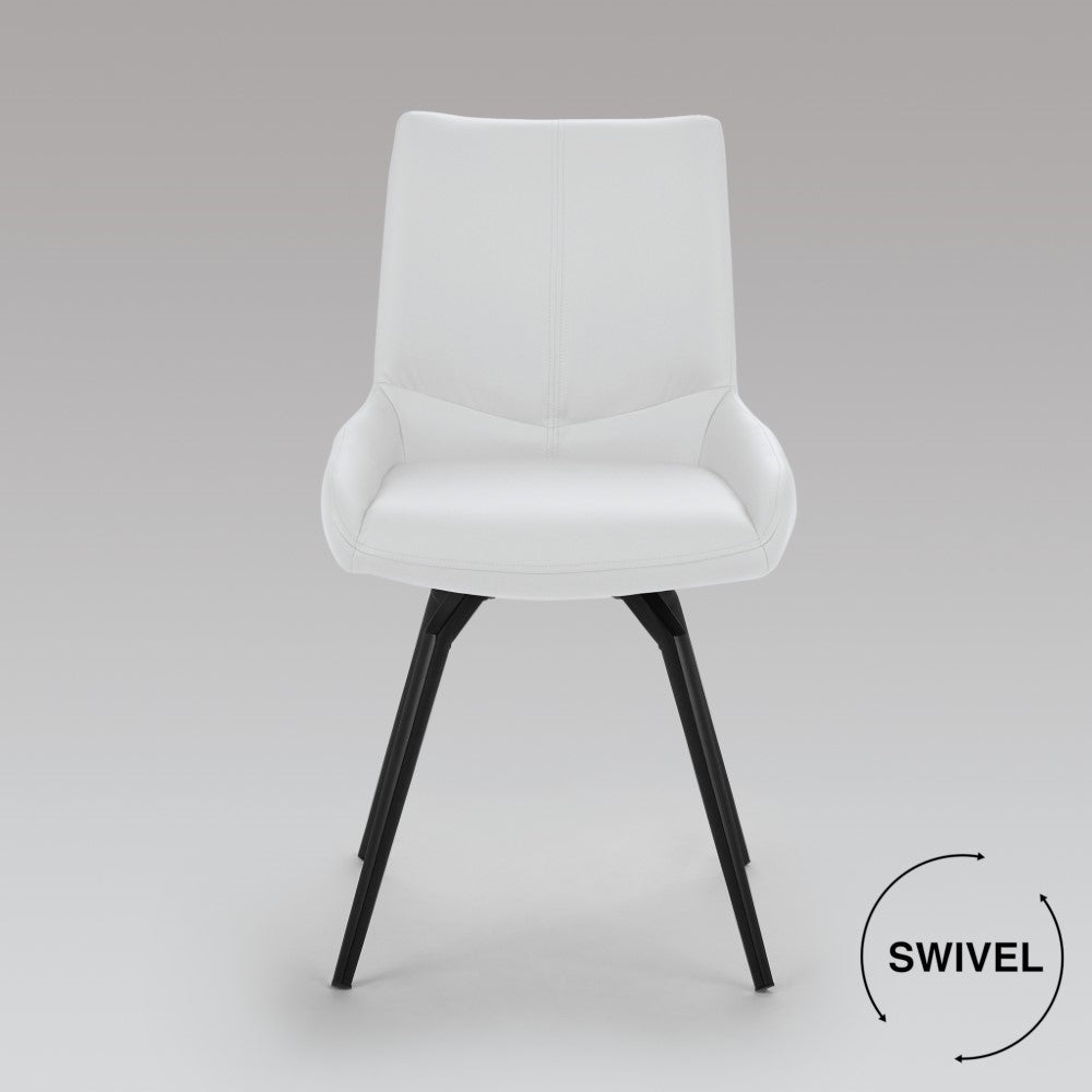 Set of two Xcella Nona swivel dining chairs with white leatherette upholstery and modern design, featuring a rounded backrest.