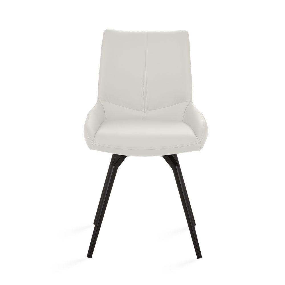 Set of two Xcella Nona swivel dining chairs with white PU upholstery and modern design, shown from the front.