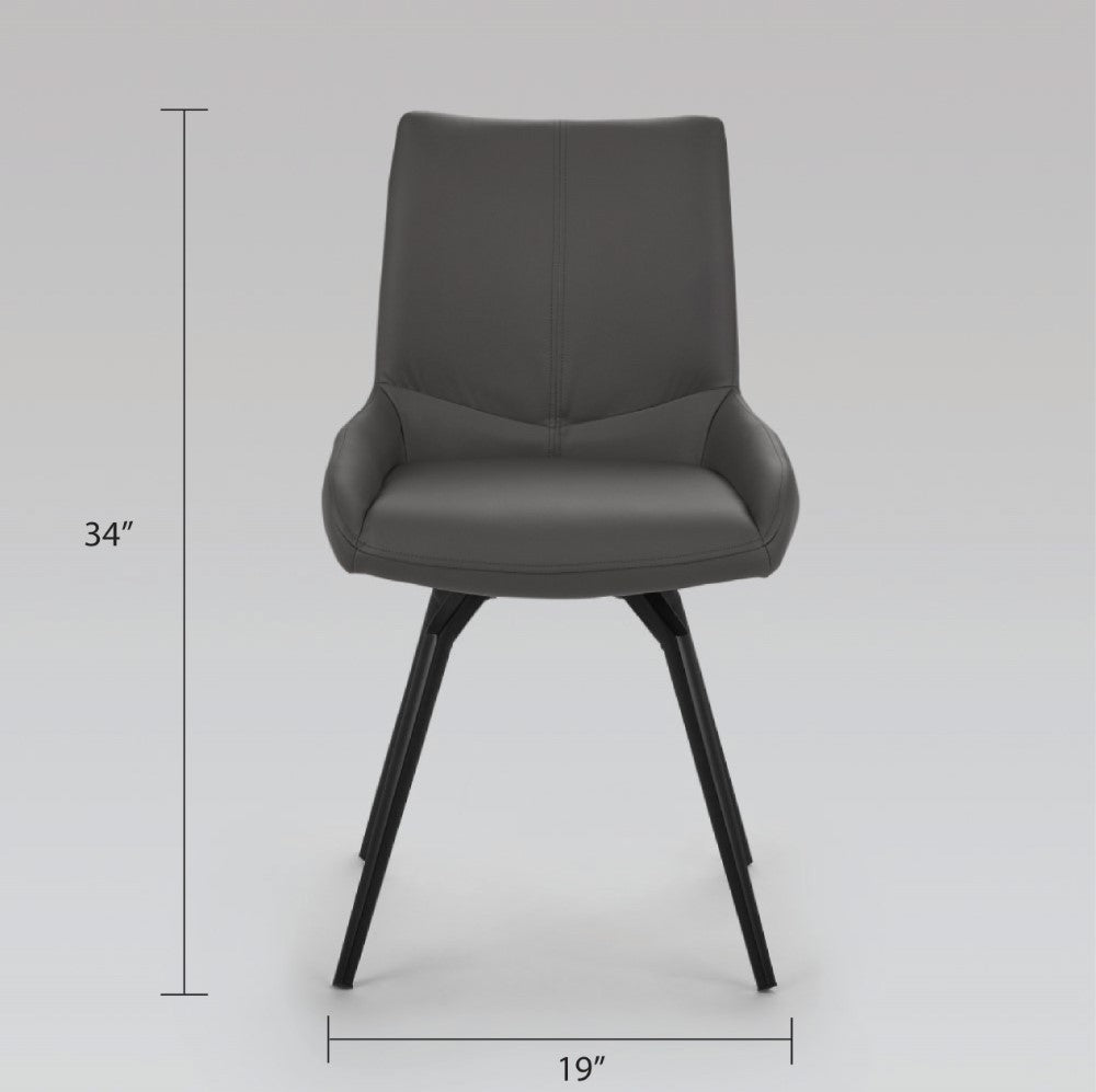 Set of two Xcella Nona swivel dining chairs with grey faux leather upholstery and modern design, shown from the front.