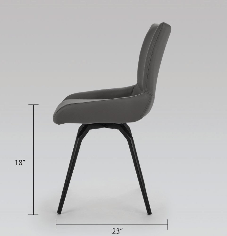 Set of two Nona swivel dining chairs by Xcella with grey upholstered seats and modern design, shown from side angle.