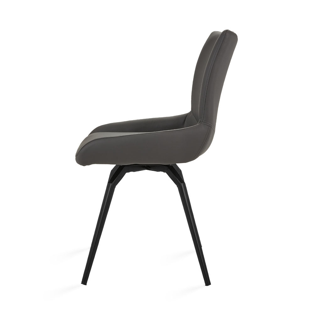 Set of two Xcella Nona swivel dining chairs in grey PU leather with modern design and chrome bases.