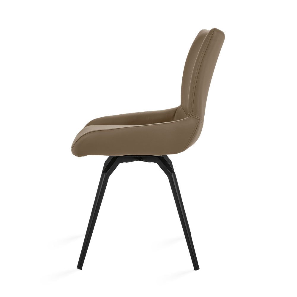 Set of two Xcella Nona swivel dining chairs in taupe faux leather with modern design, shown from a side angle.