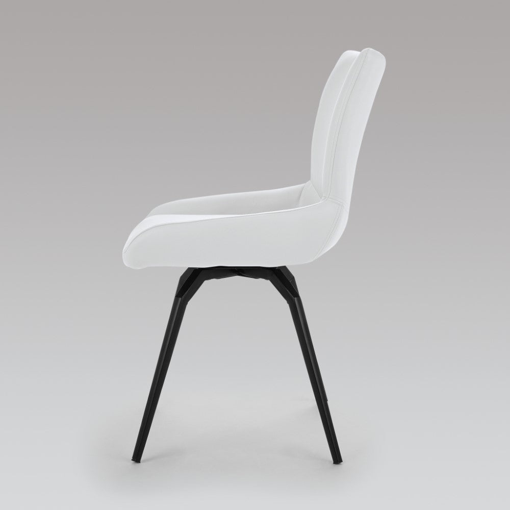 Set of two Xcella Nona swivel dining chairs with white PU upholstery and modern design, shown from side angle.