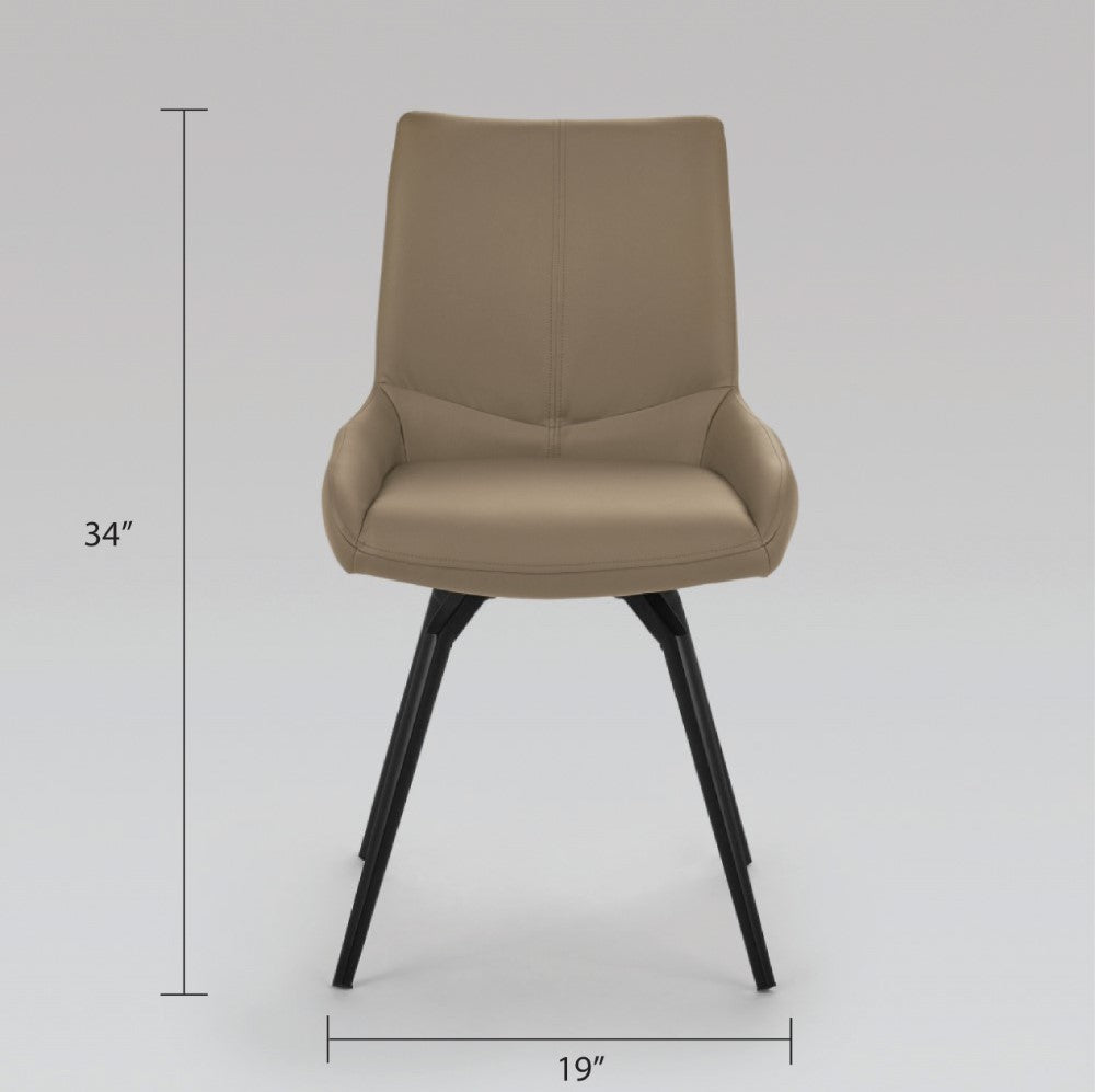 Set of two Xcella Nona swivel dining chairs in taupe with soft padded seats and modern design, shown from the front.