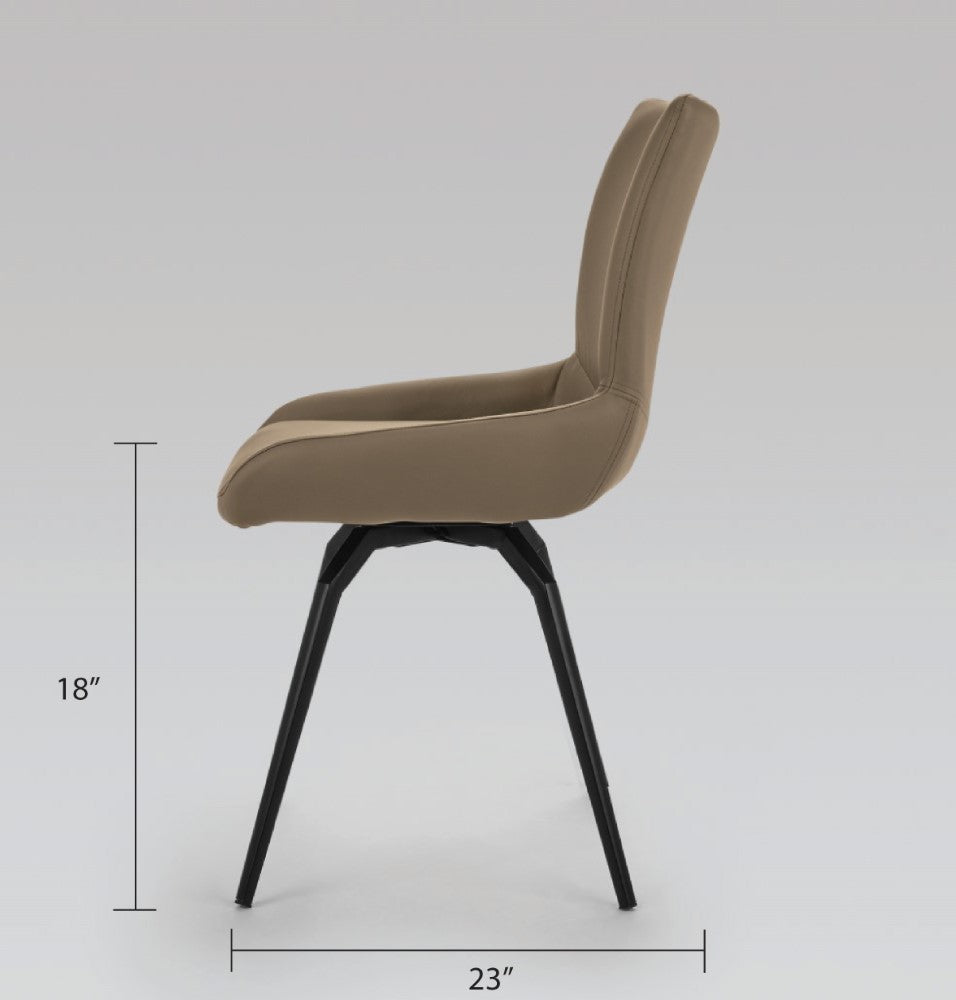 Pair of Xcella Nona swivel dining chairs in taupe with padded seats, shown from a side angle.