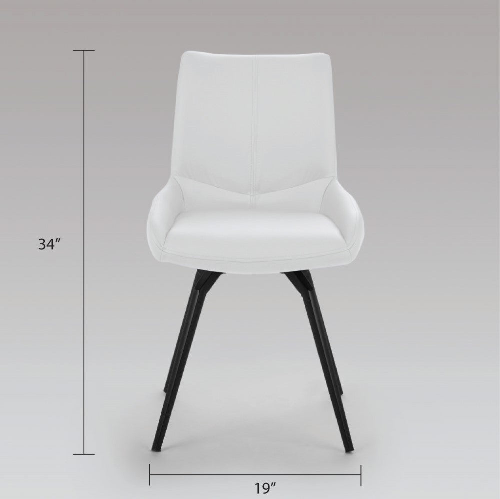 Pair of Xcella Nona swivel dining chairs in white polyurethane, shown from the front with modern, curved design and cushioned seats.