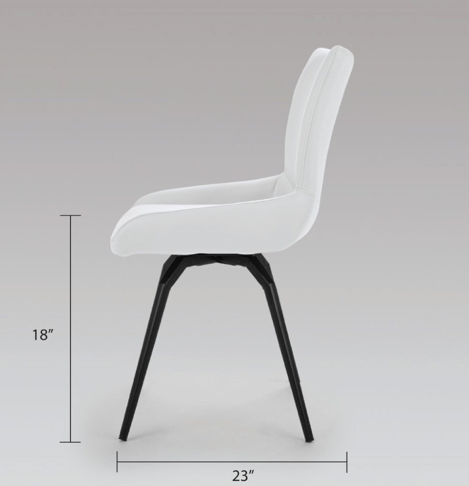 Pair of Xcella Nona swivel dining chairs with white polyurethane upholstery and modern design, shown from the side.