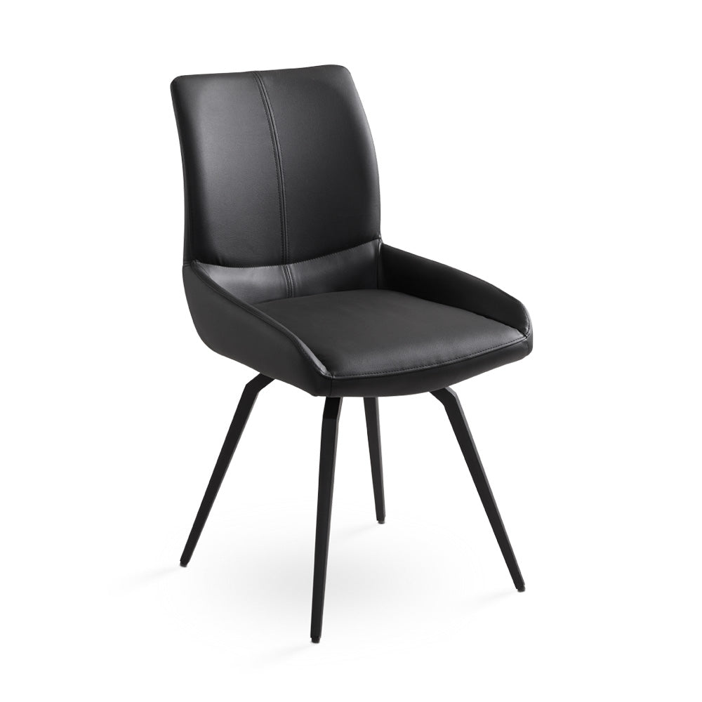 Two Xcella Nona swivel dining chairs with modern design, featuring comfortable seats and sleek wooden legs.