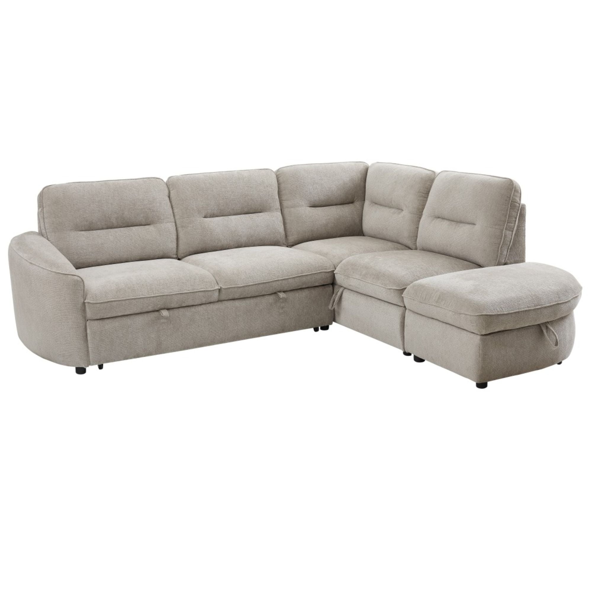 Brassex Nova storage sectional sleeper in beige and grey fabric, showing the sofa with open storage compartments and fold-out bed.