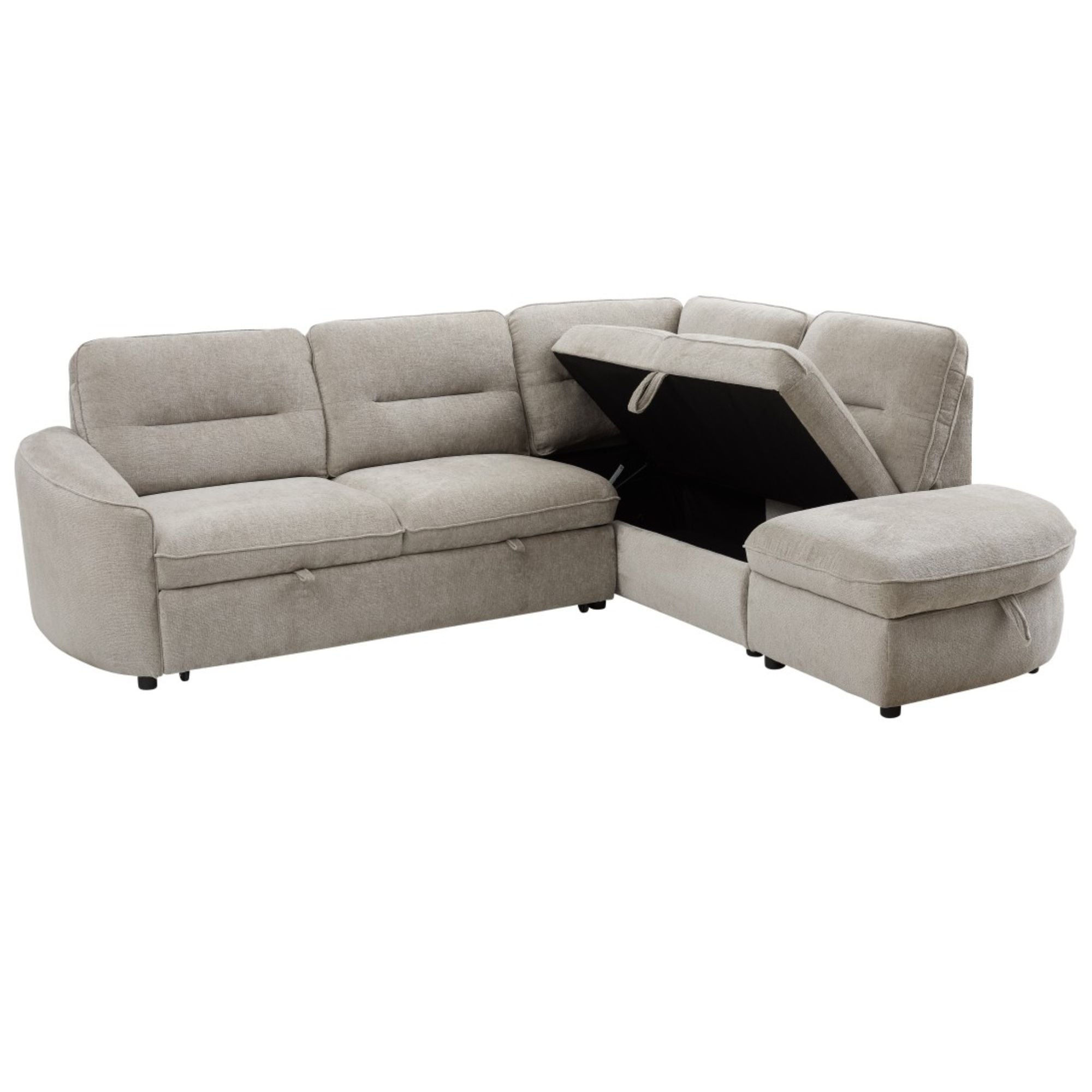 Grey and beige Nova Storage Sectional Sleeper sofa by Brassex, featuring a modern design with visible cushions and storage compartments.