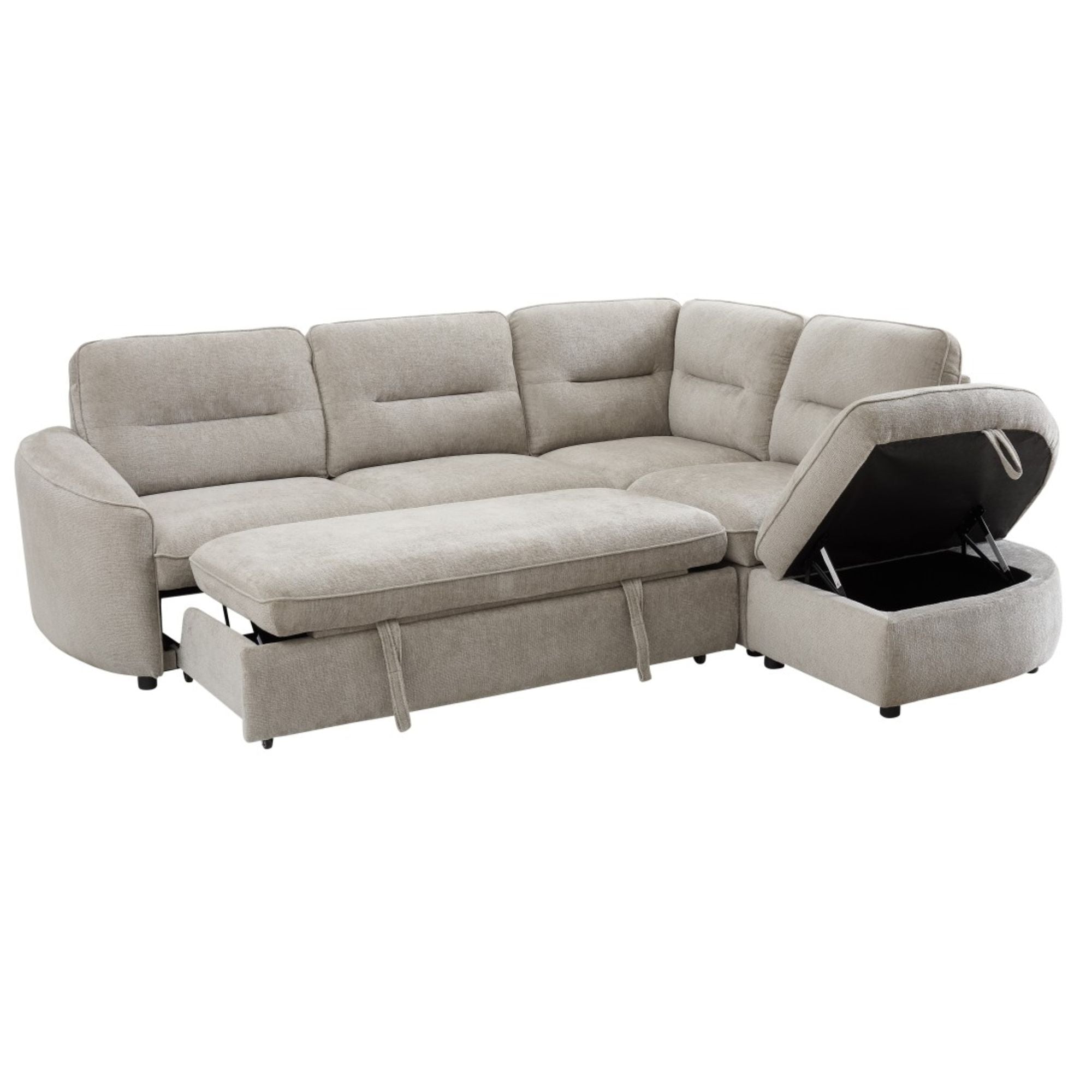 Grey and beige Nova Storage Sectional Sleeper by Brassex, showing a modern sectional sofa with built-in storage and sleeper features.