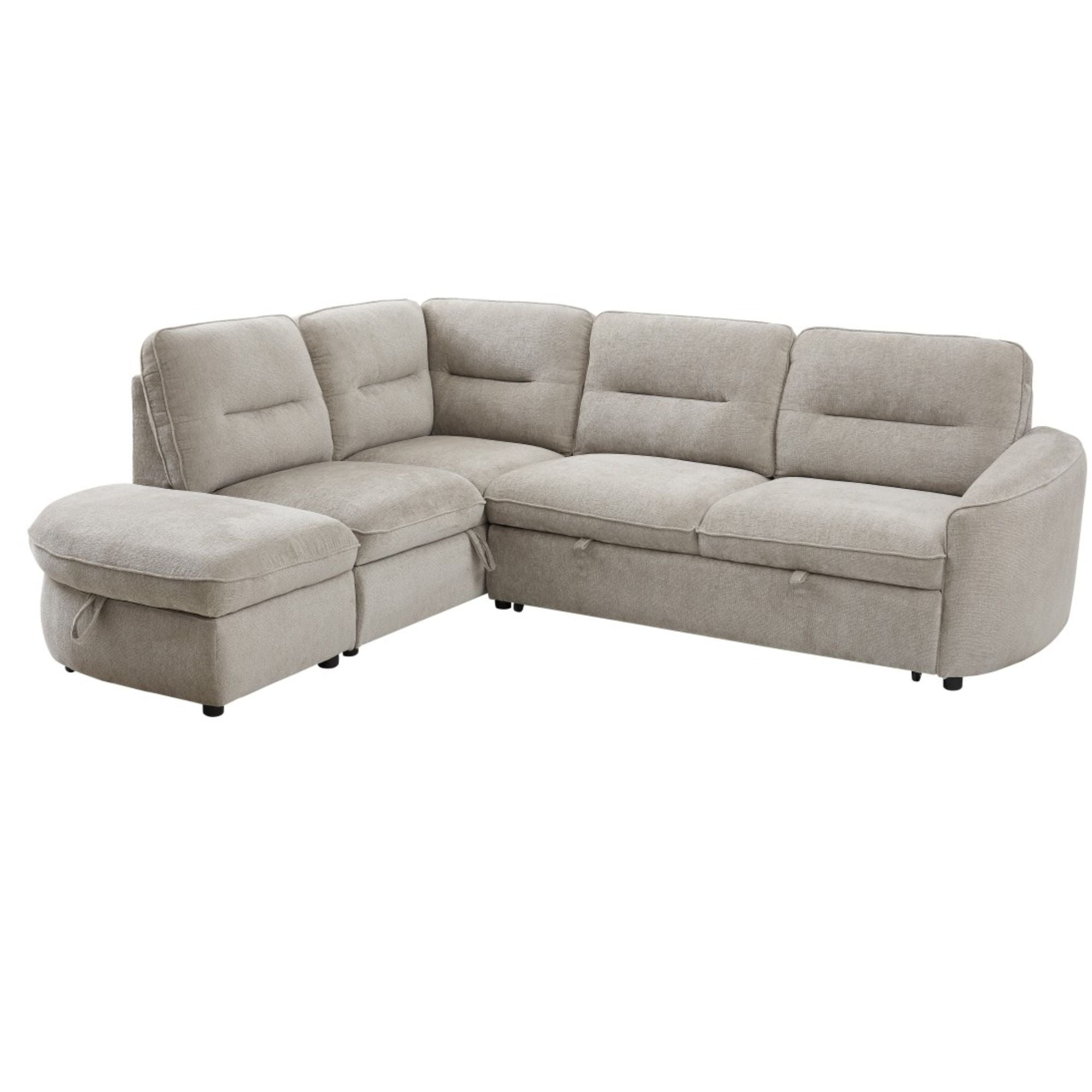 Grey and beige Nova Storage Sectional Sleeper by Brassex, featuring a modern design with visible cushions and storage compartments.