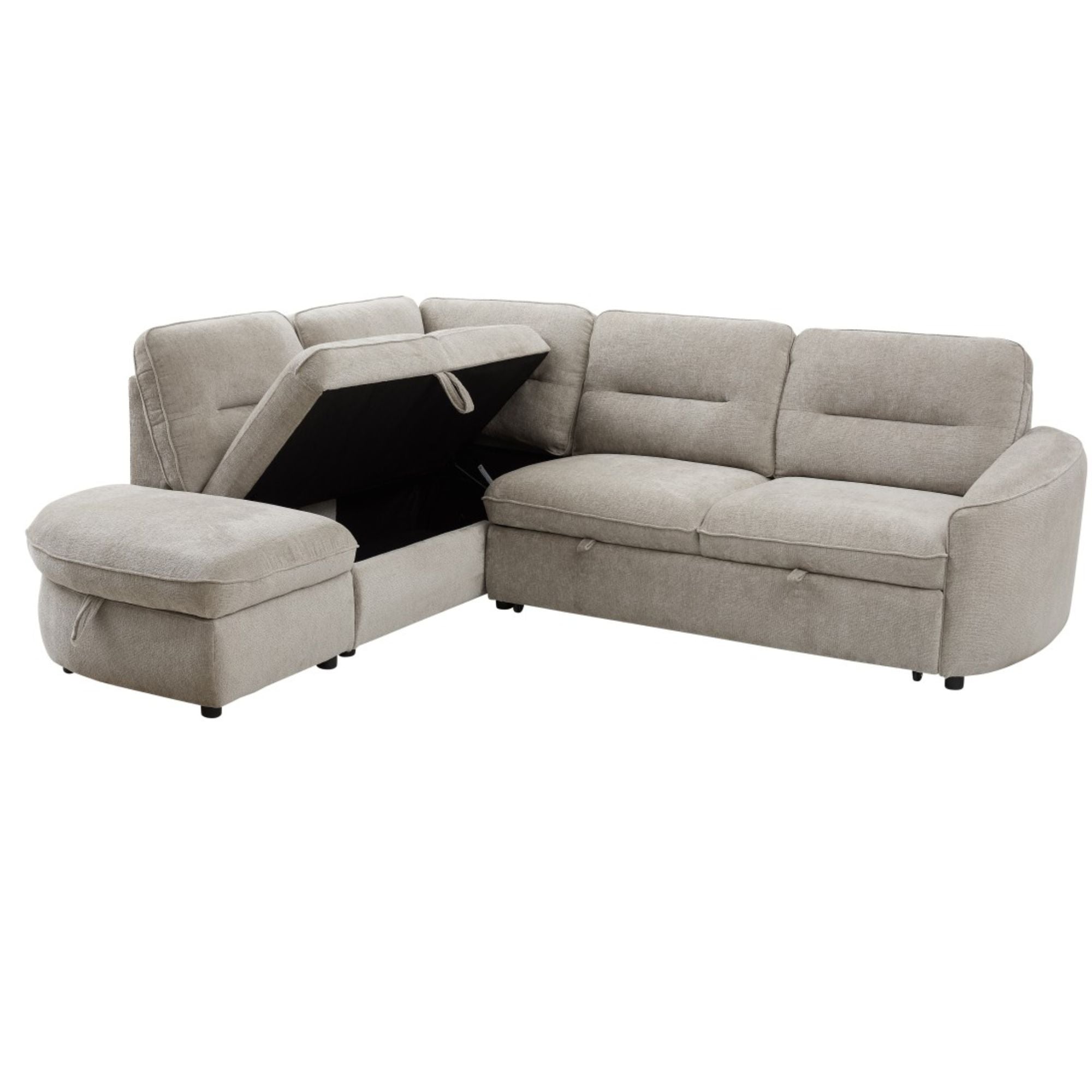 Grey and beige Nova storage sectional sleeper sofa by Brassex with plush cushions and a fold-out bed, shown in a modern living room setting.