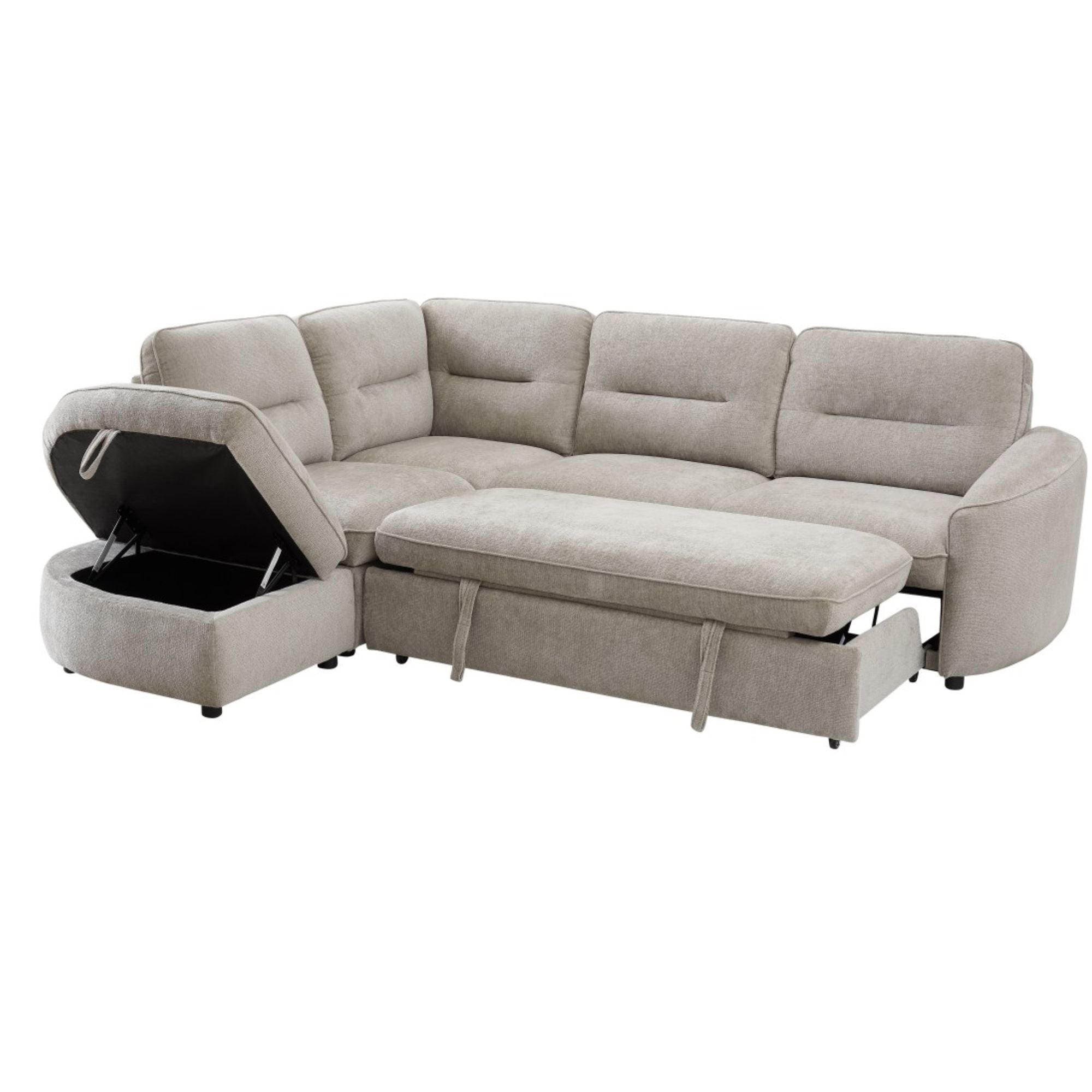Grey and beige Nova Storage Sectional Sleeper by Brassex with cushions and storage compartments, set in a modern living room.