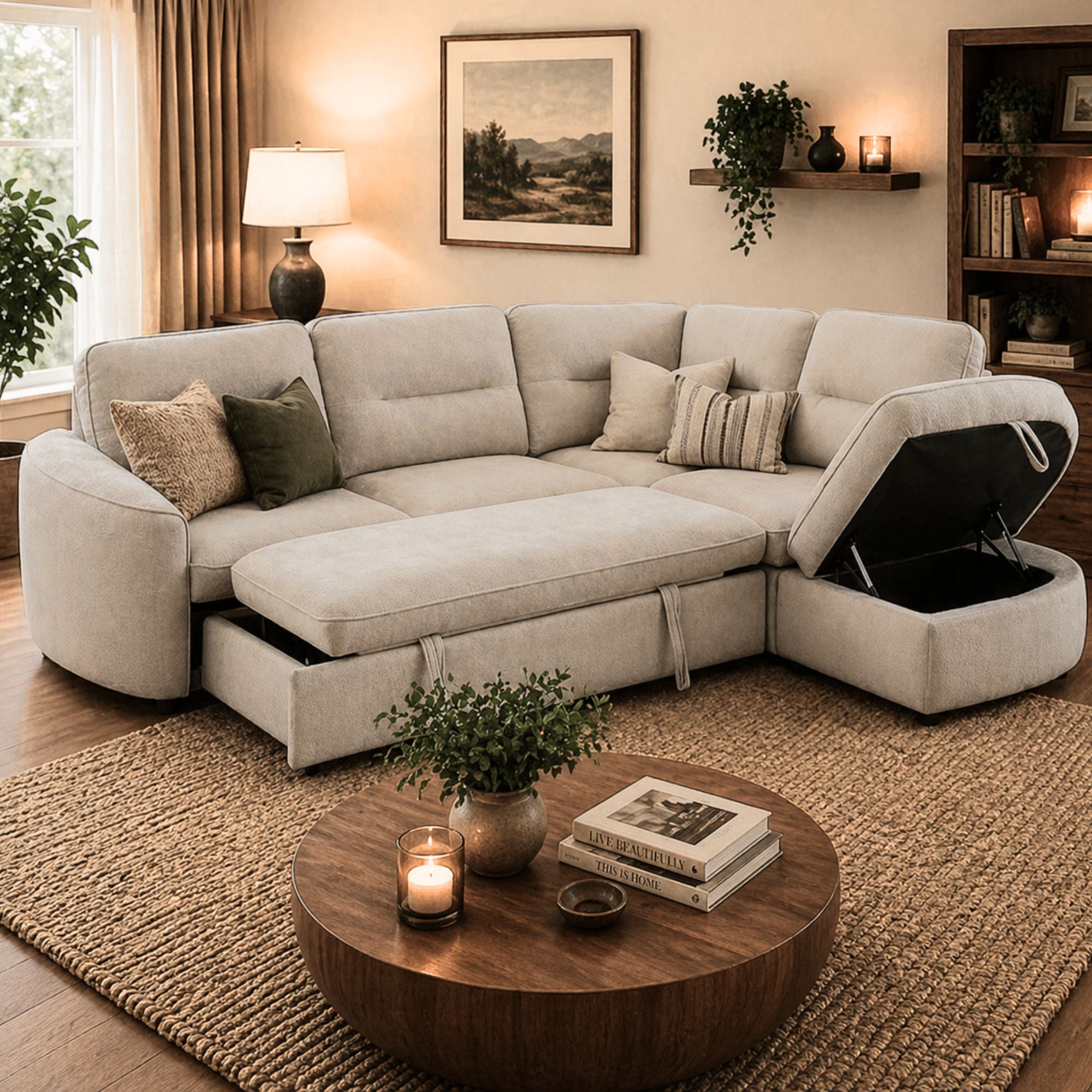 Grey and beige Nova Storage Sectional Sleeper by Brassex, showing a modern, multi-functional sofa with storage and sleeping features.