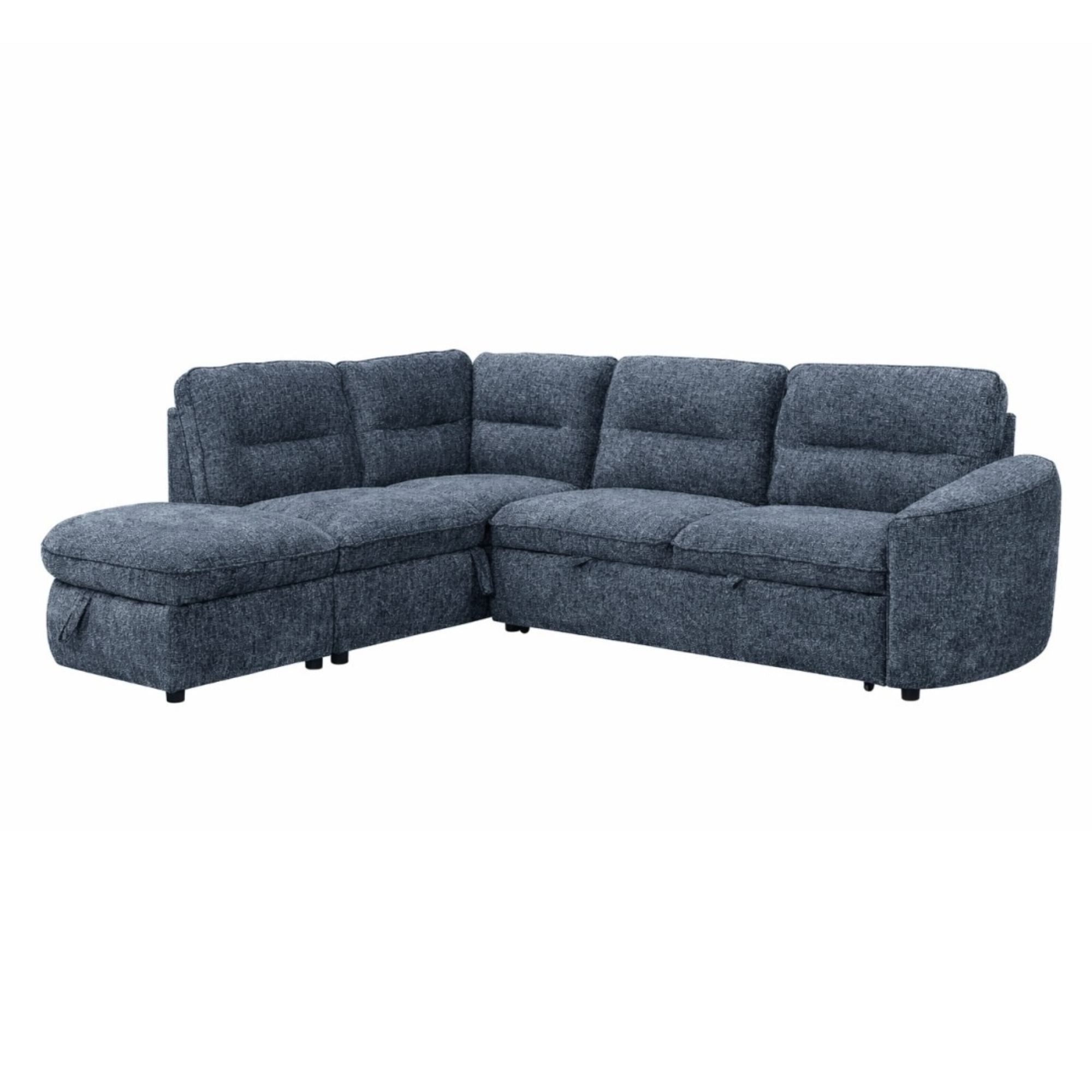 Blue Nova Storage Sectional Sleeper by Brassex, showing a modern sectional sofa with built-in storage and pull-out sleeper feature.