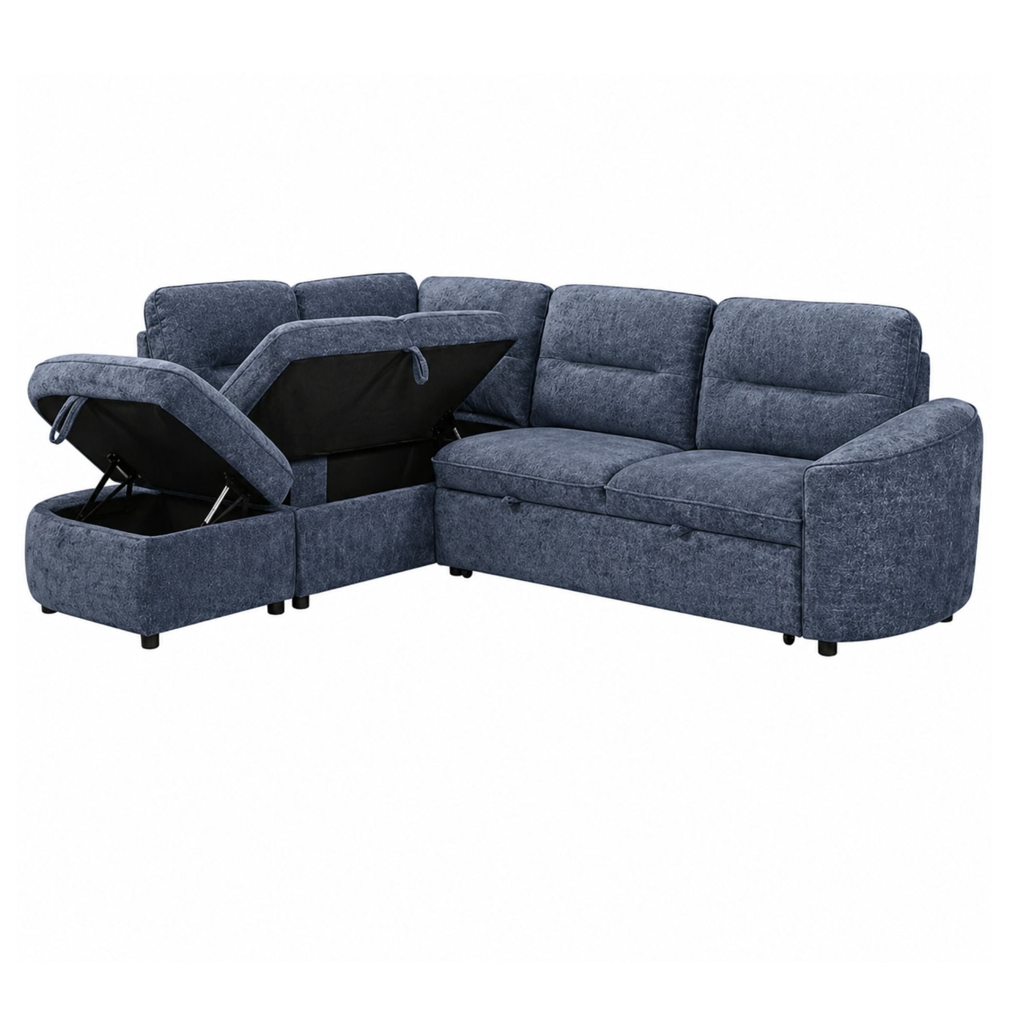 Blue Nova storage sectional sleeper sofa by Brassex with clean lines and plush cushions, shown in a modern living room setting.