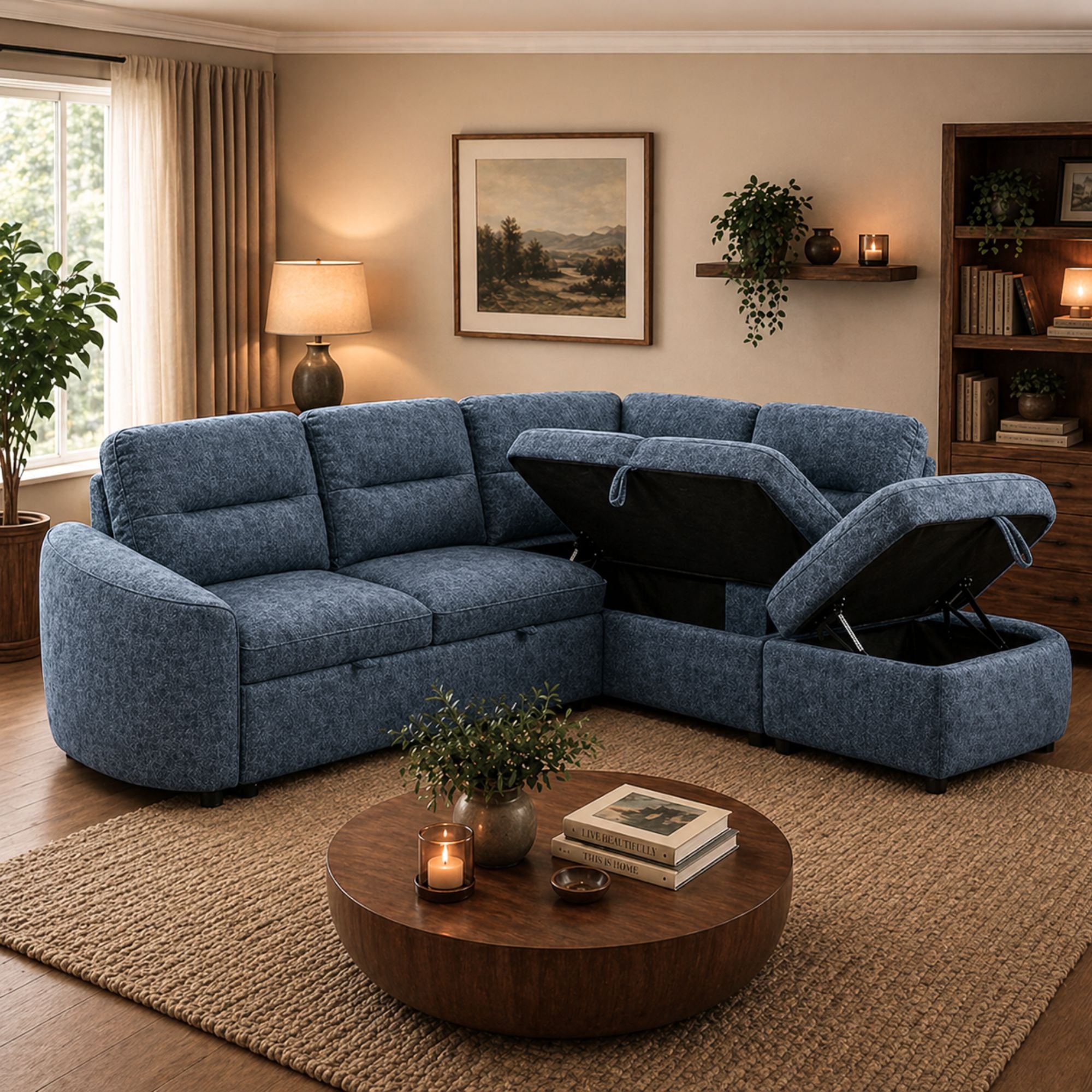 Blue Nova Storage Sectional Sleeper by Brassex showing a modern, multi-seat sofa with hidden storage compartments.