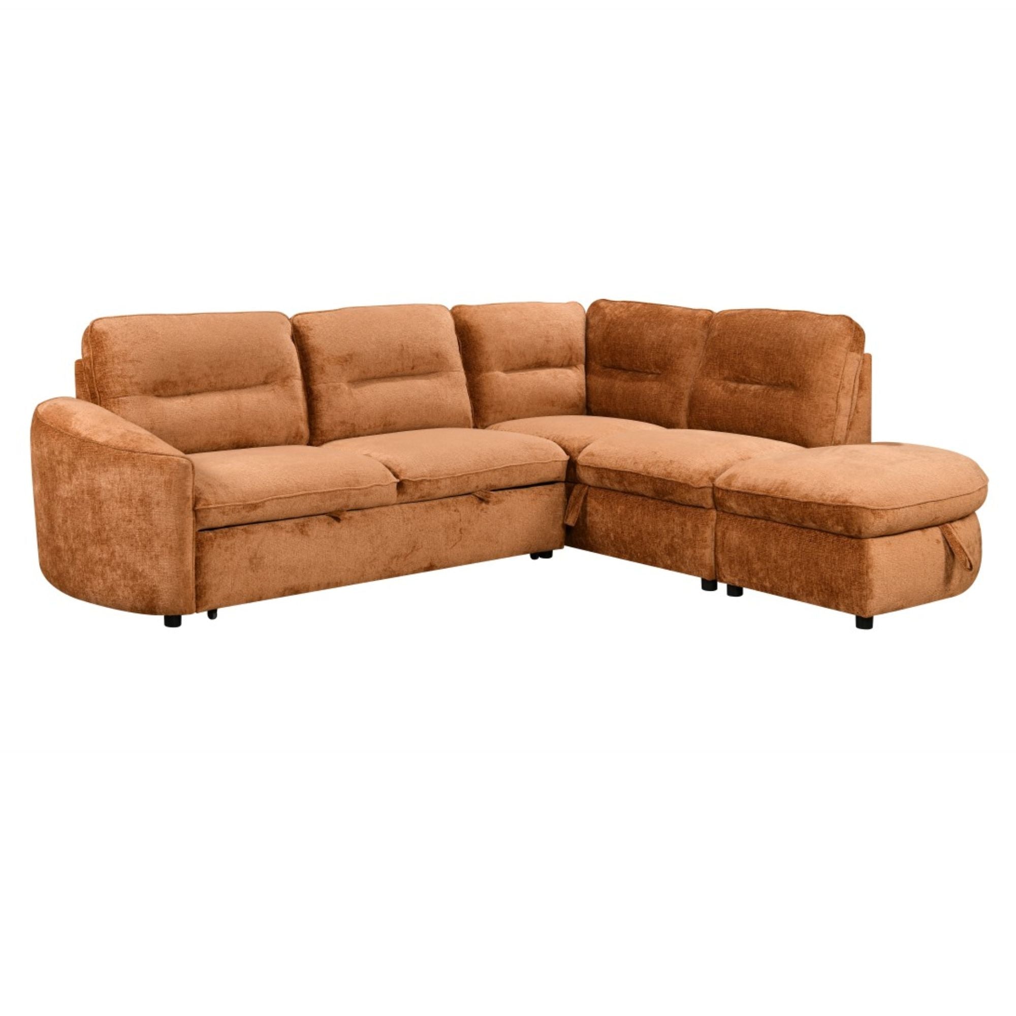 Brassex Nova storage sectional sleeper in burnt orange with plush cushions and modern design, showing the sofa in a living room setting.
