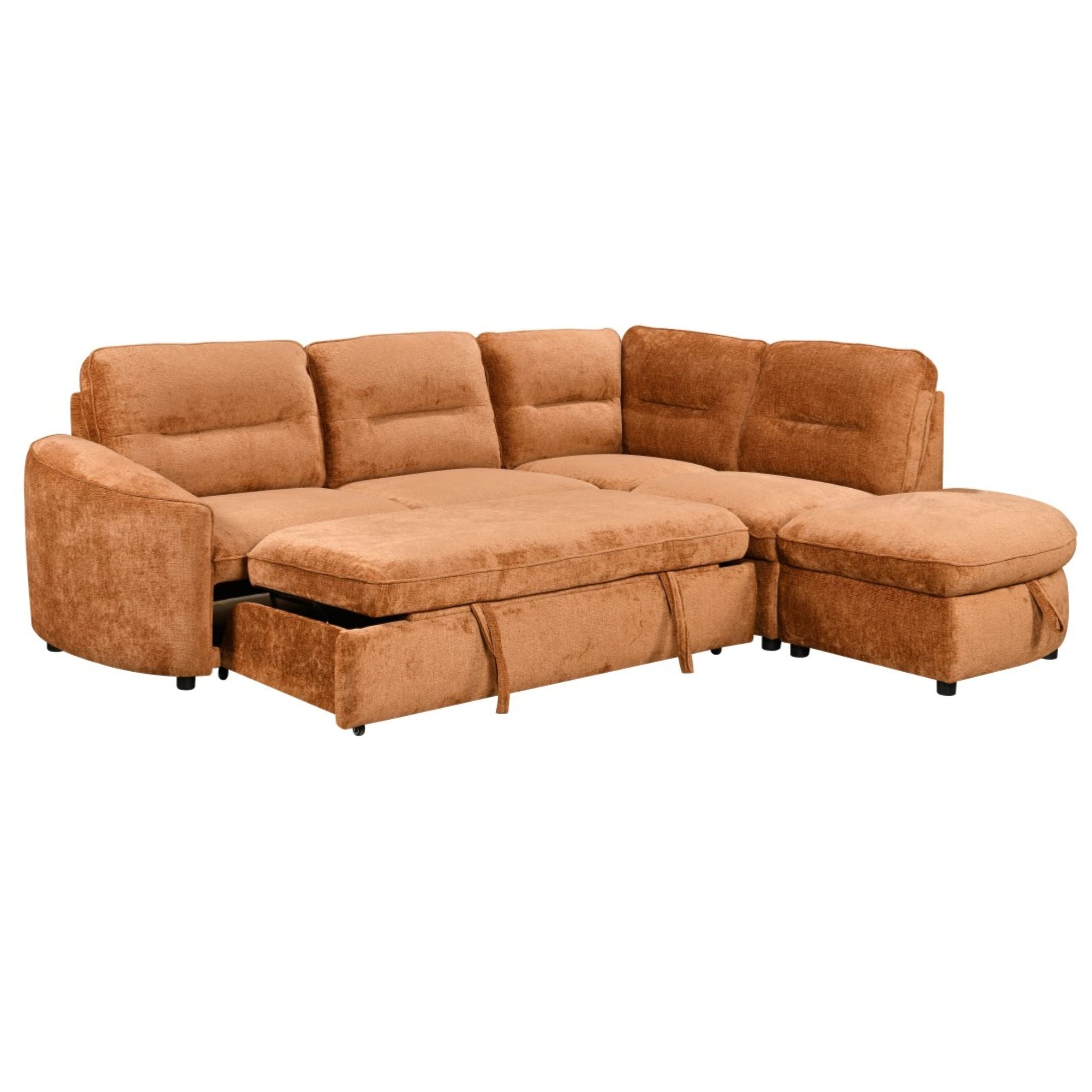 Brassex Nova Storage Sectional Sleeper in burnt orange with cushions and chaise lounge, showcasing a modern sectional sofa.