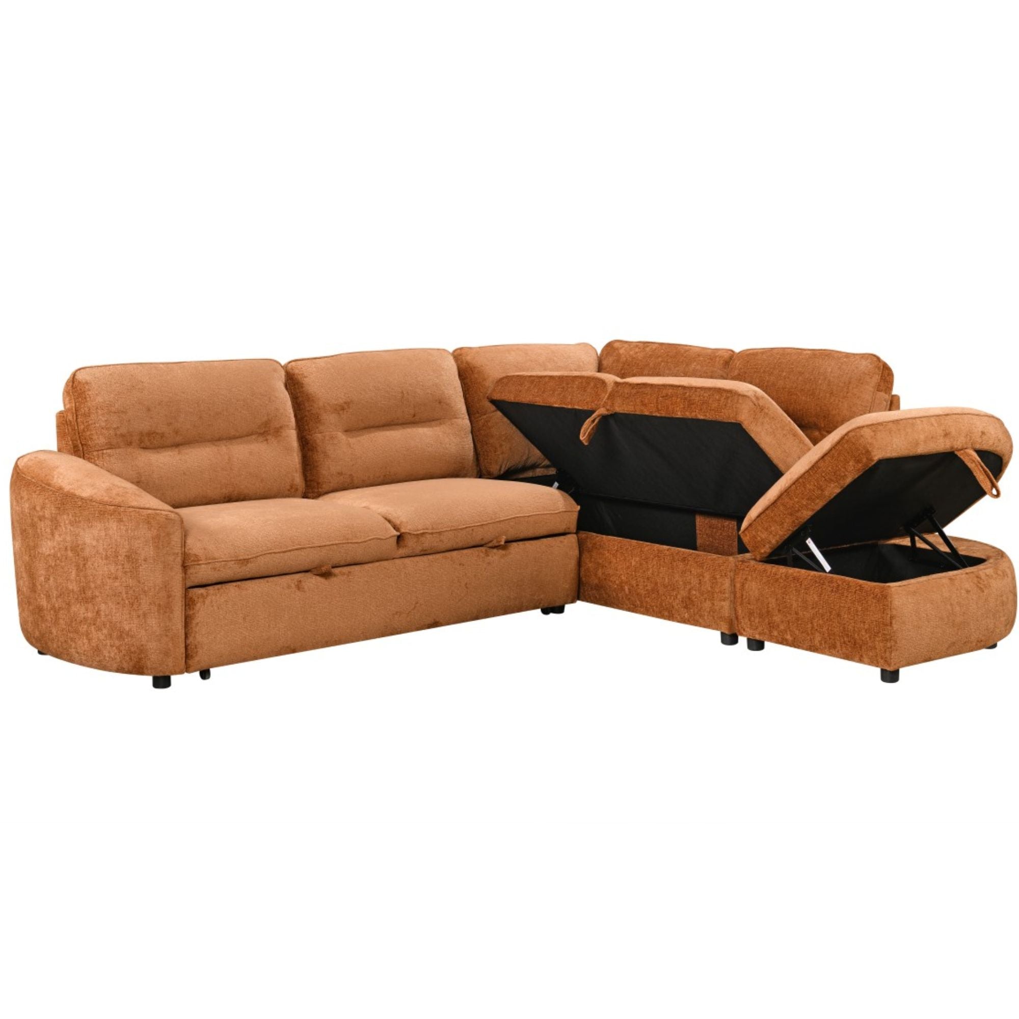 Brassex Nova storage sectional sleeper in burnt orange with plush cushions and modern design, shown in a cozy living room setting.