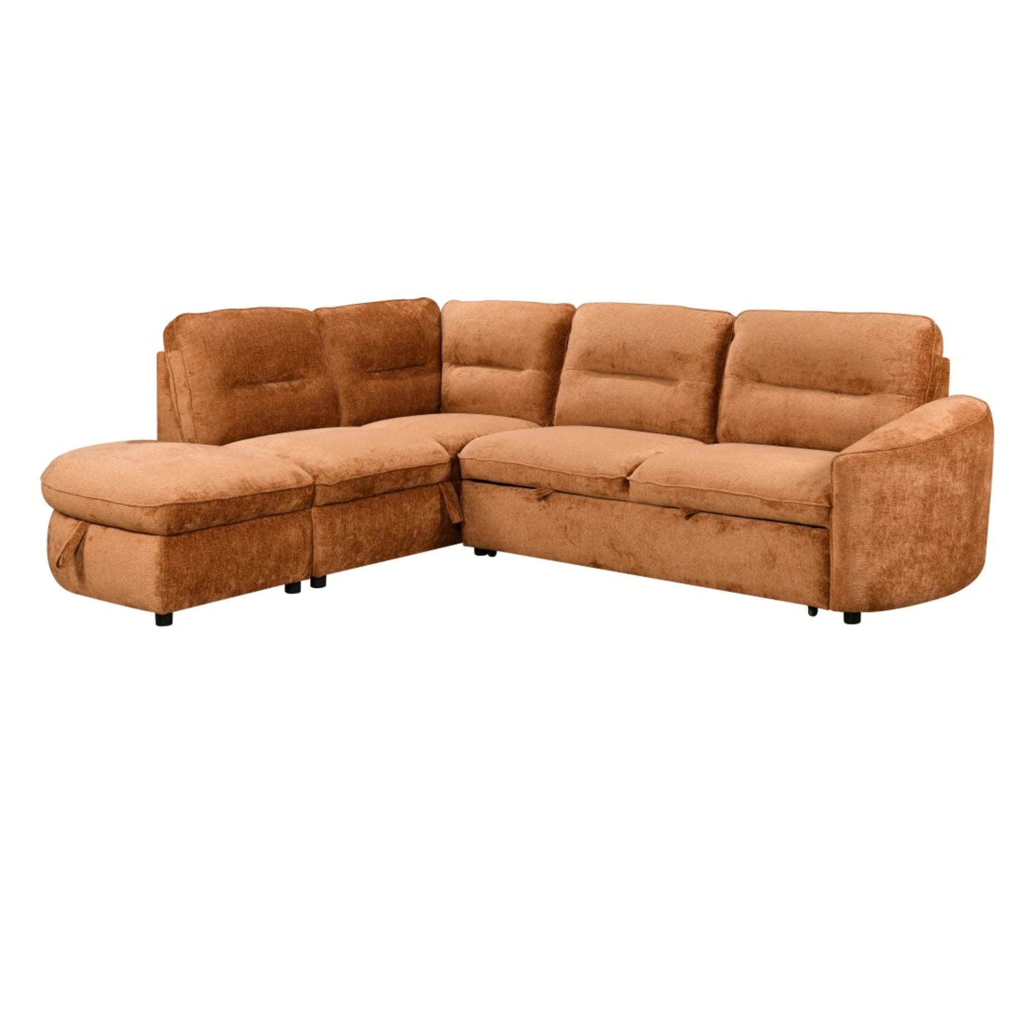 Brassex Nova Storage Sectional Sleeper in burnt orange with plush cushions and modern design, ideal for living room seating and sleeping.