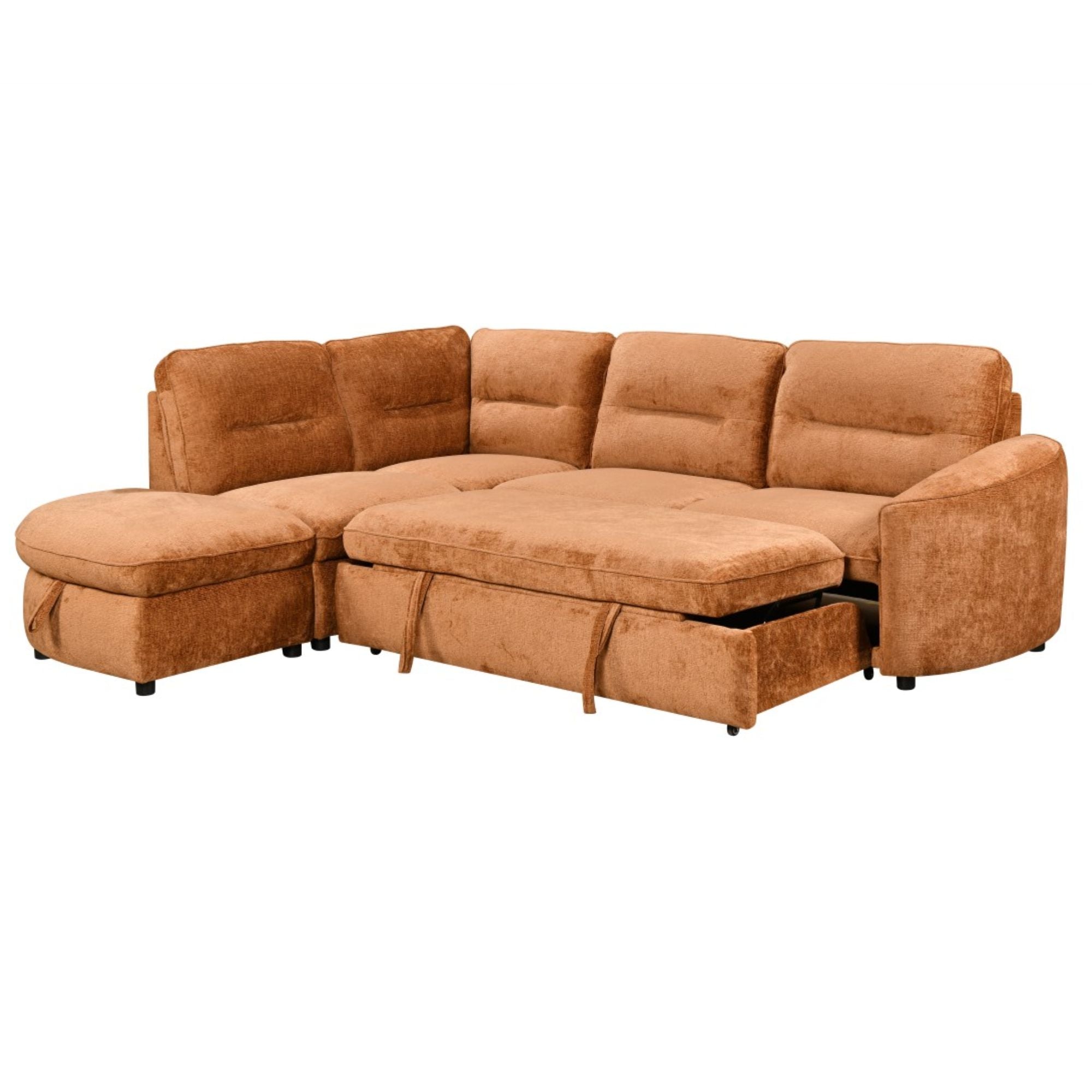 Brassex Nova Storage Sectional Sleeper in burnt orange with plush cushions and modern design, perfect for versatile living spaces.