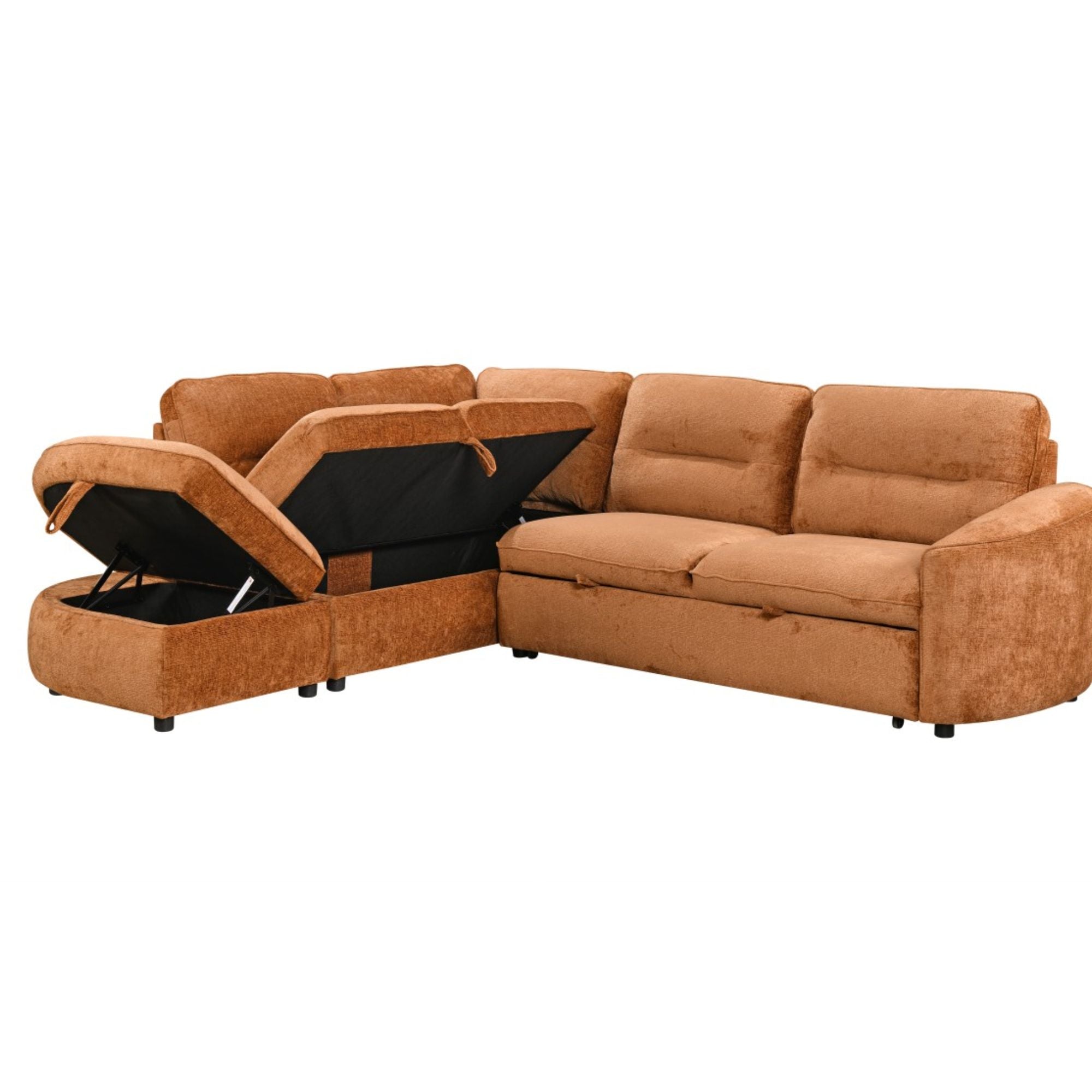 Burnt orange Nova Storage Sectional Sleeper sofa by Brassex, featuring plush cushions and a convertible sleeper bed.