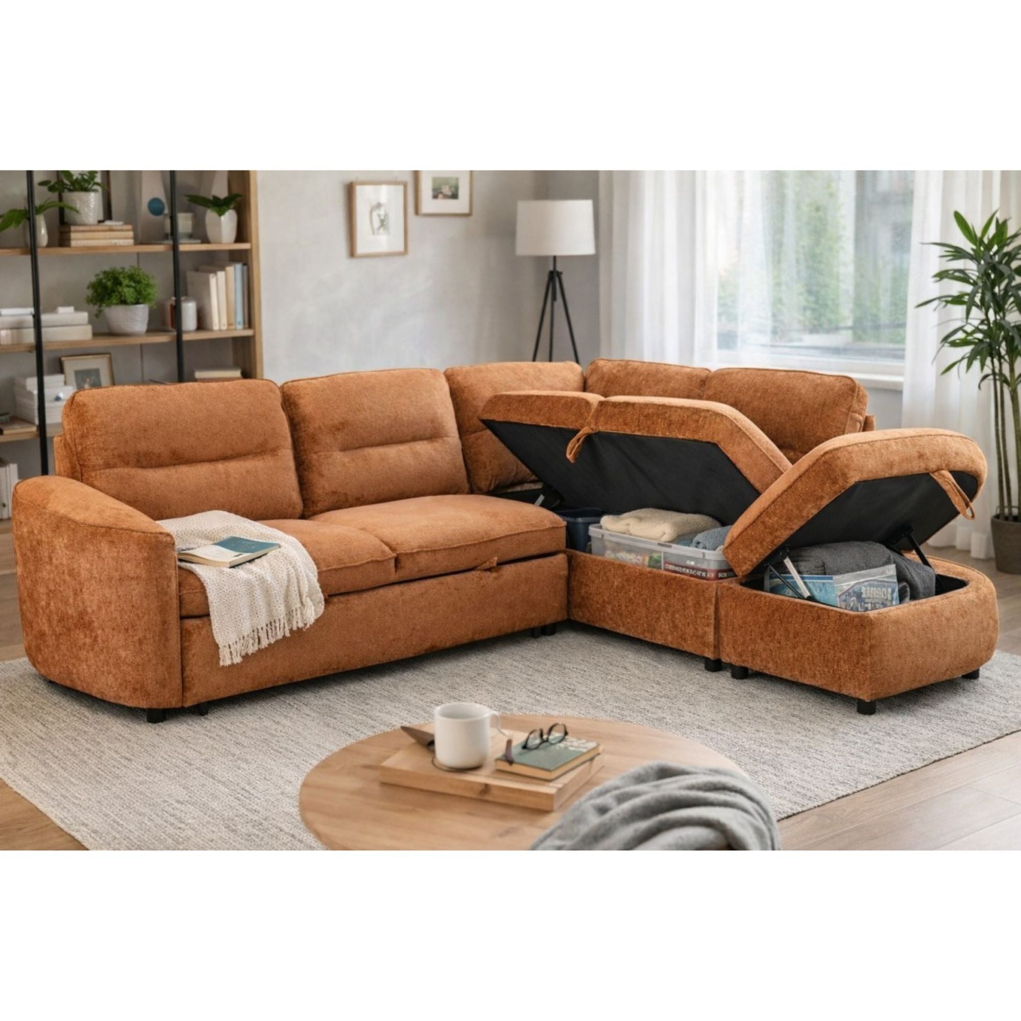 Brassex Nova Storage Sectional Sleeper in burnt orange fabric, showing the sofa with cushions and a fold-out bed feature.