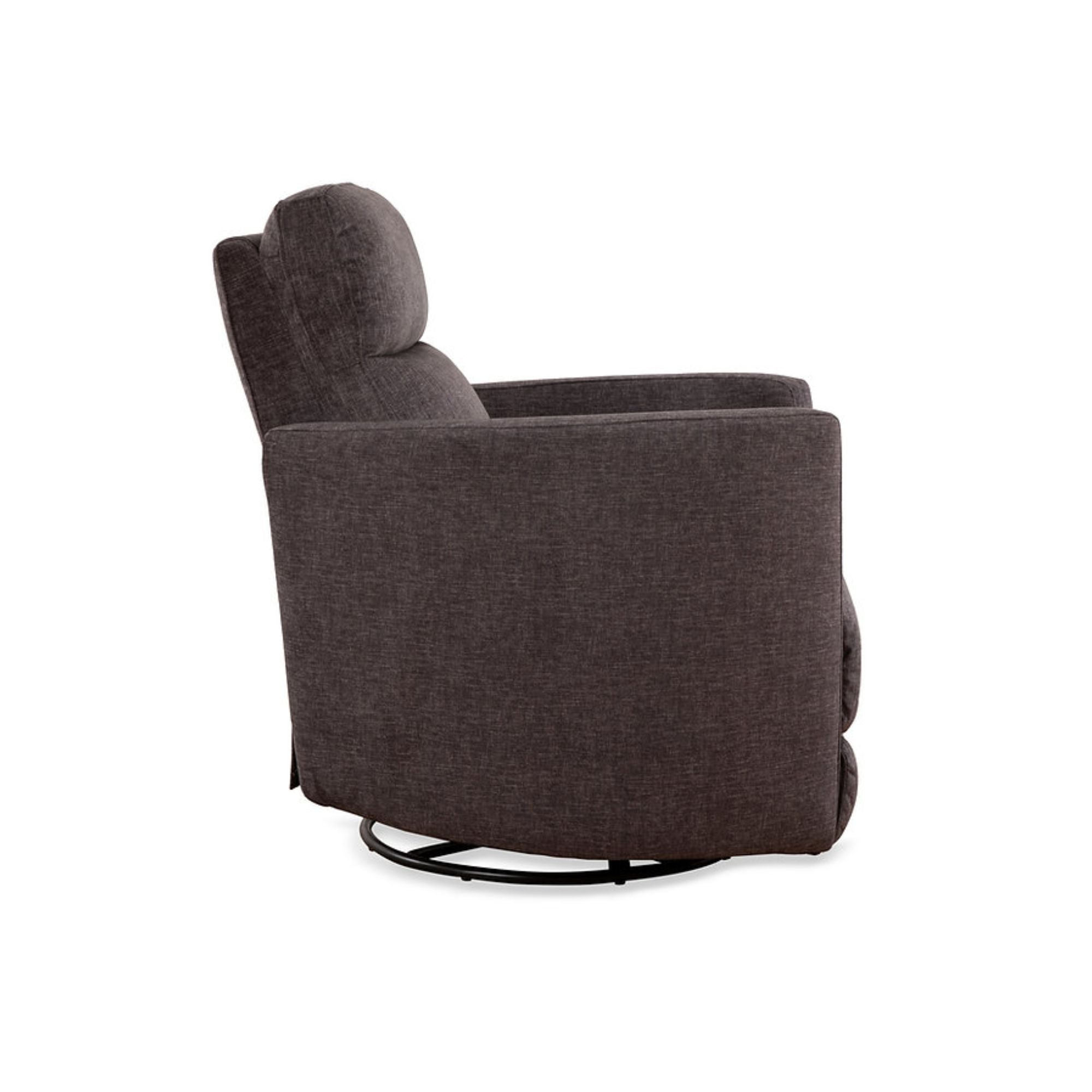 Brown Nova swivel recliner chair by IFF with plush upholstery and a modern design, shown from a side angle.