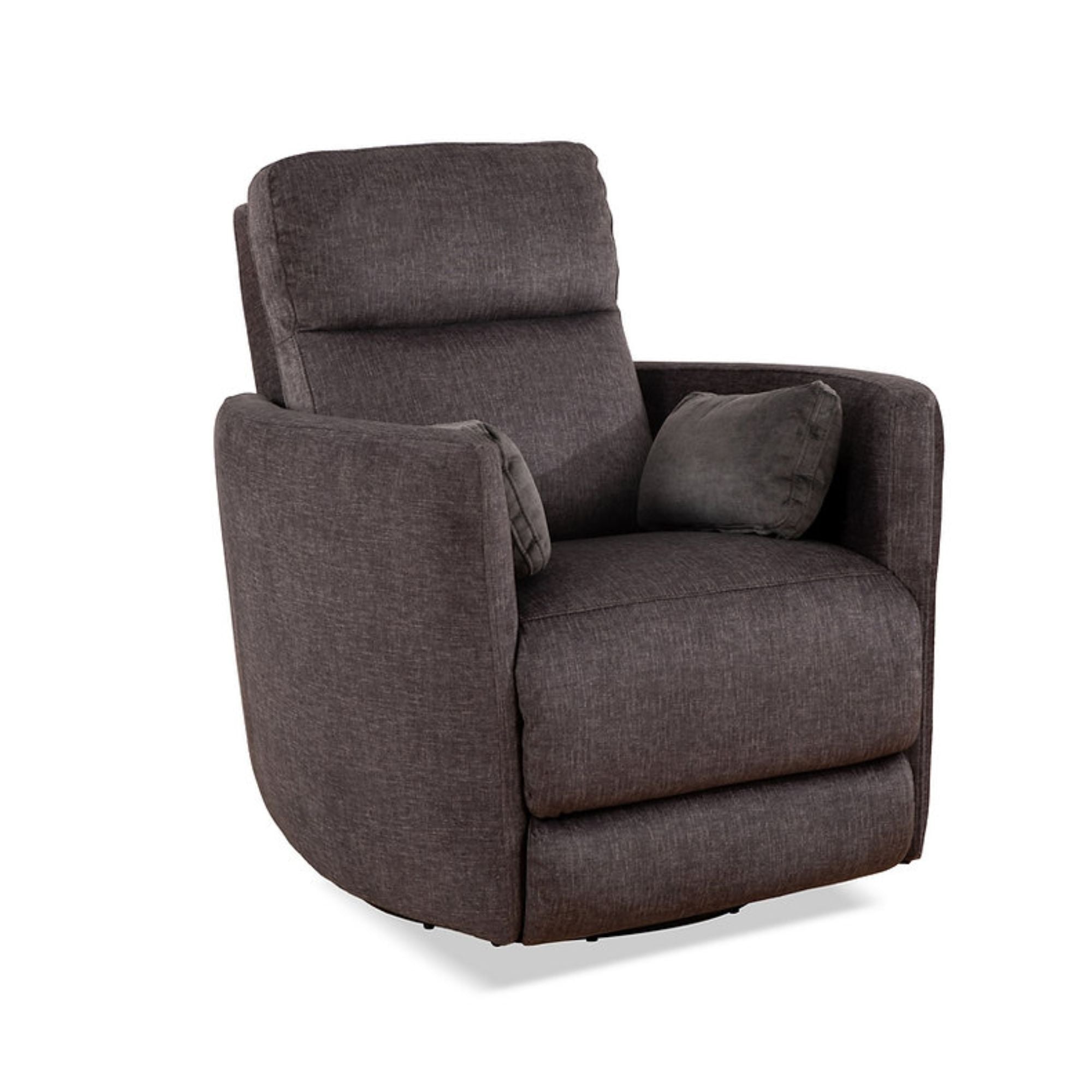 Brown Nova swivel recliner chair by IFF with plush cushioning and a modern design, shown from a side angle.