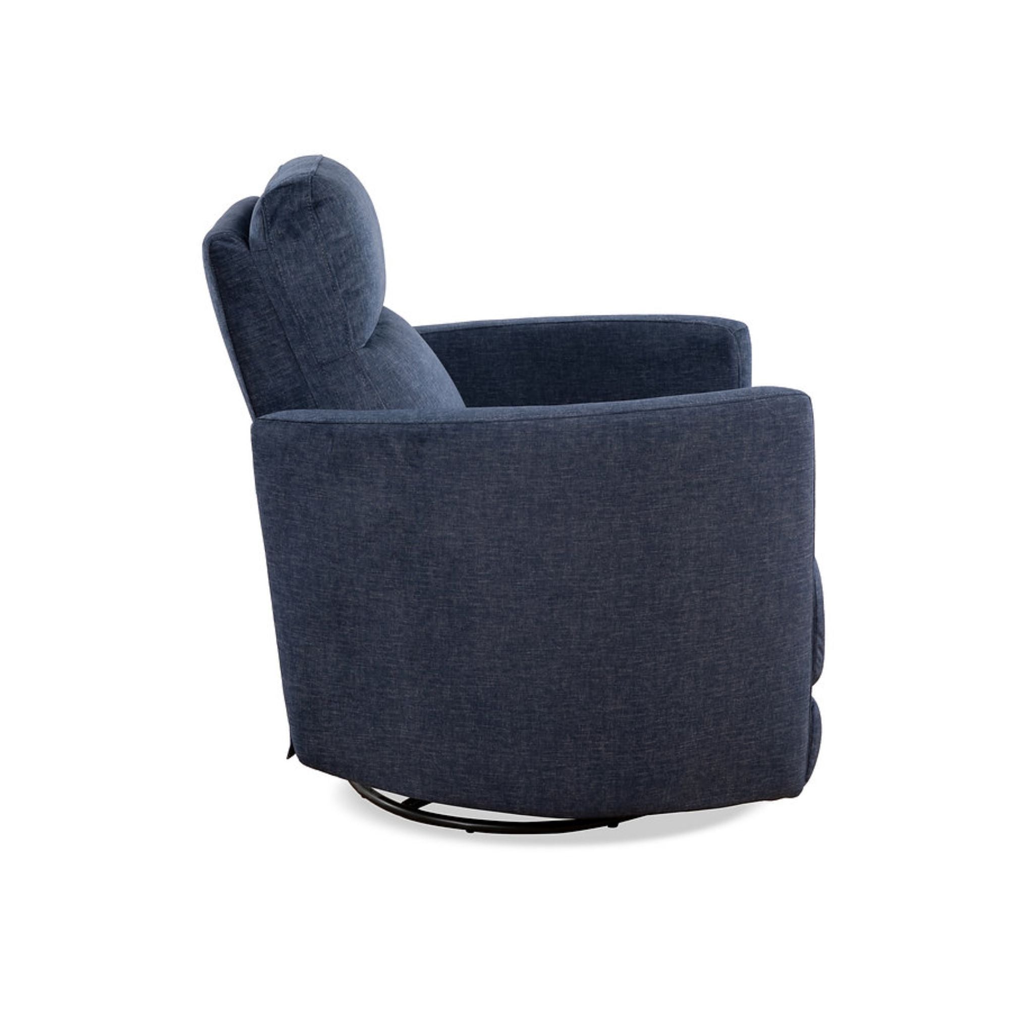 Blue Nova swivel recliner chair by IFF with plush fabric, featuring a comfortable reclining and swiveling design.