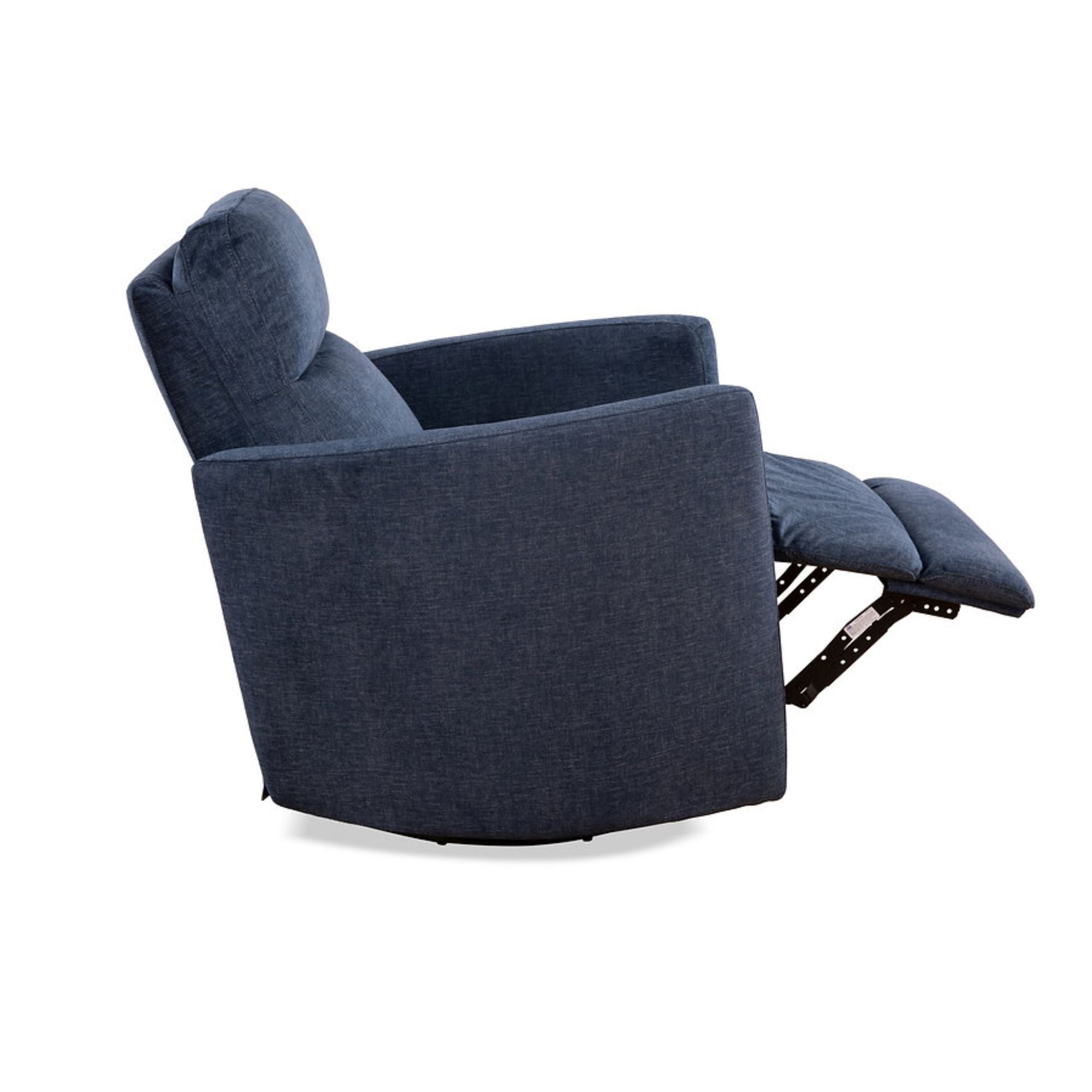 Blue Nova swivel recliner chair by IFF with cushioned seat and backrest, featuring a modern design and adjustable reclining function.