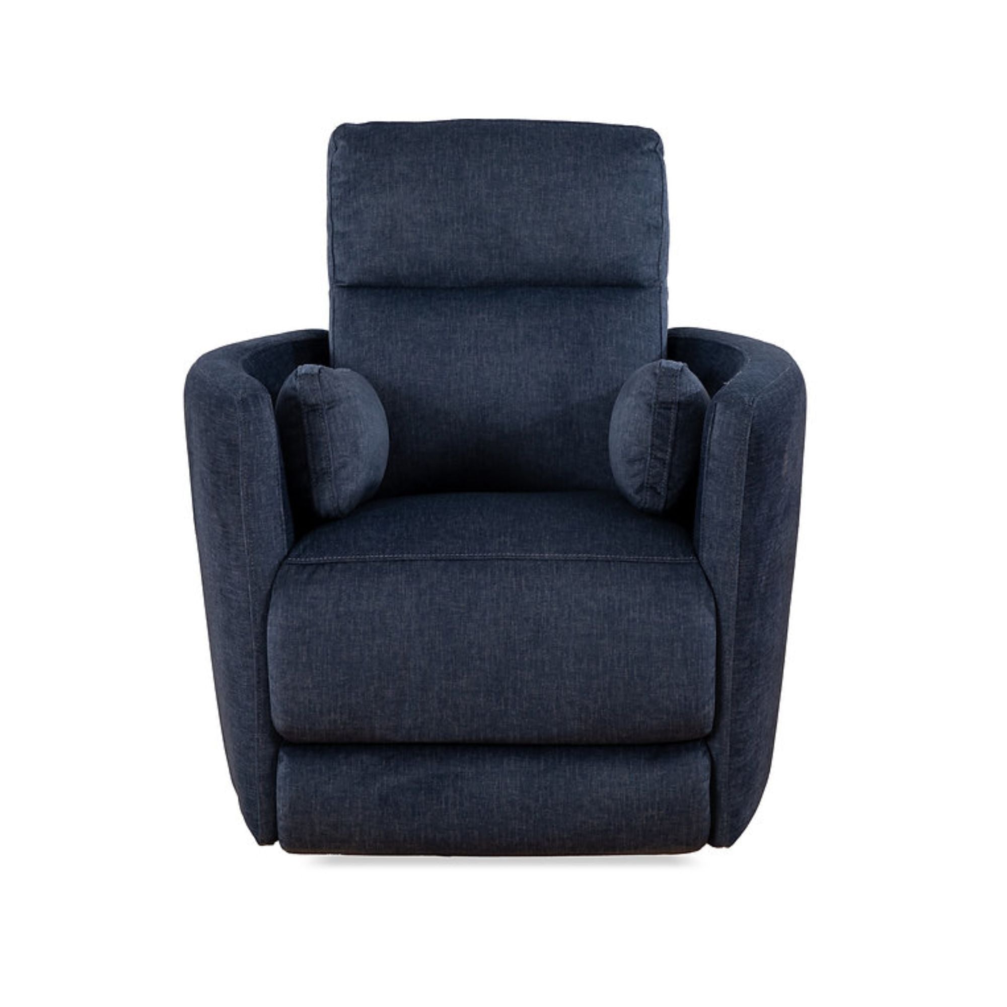 Blue Nova swivel recliner chair by IFF with plush fabric and modern design, shown in a comfortable reclining position.