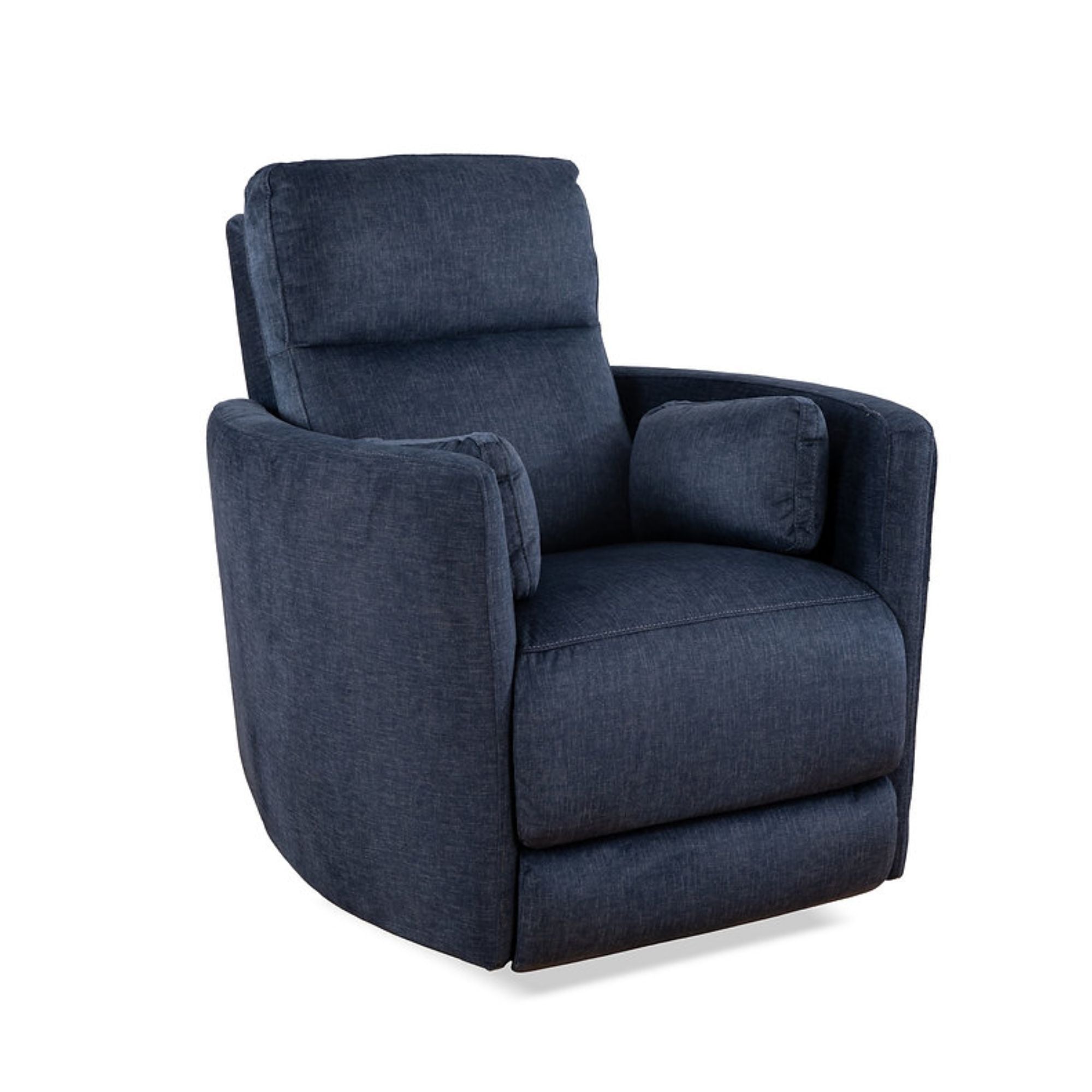 Blue Nova swivel recliner chair by IFF with plush fabric and padded armrests, showcased in a modern living room setting.