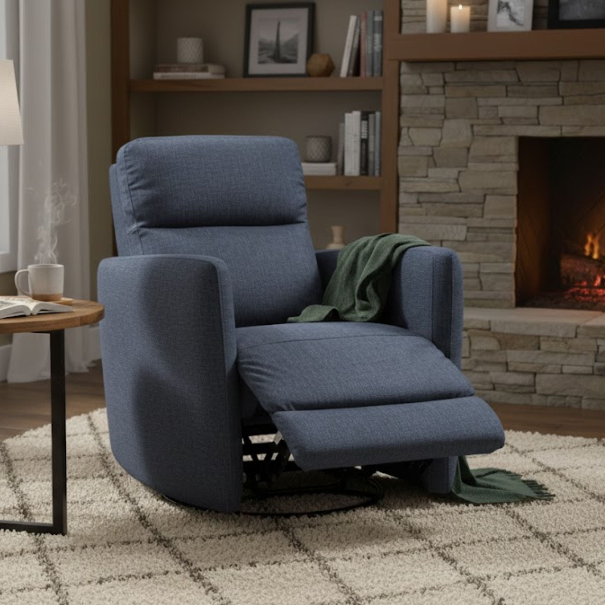 Blue Nova swivel recliner chair by IFF with plush upholstery and a modern recline design, shown from a side angle.
