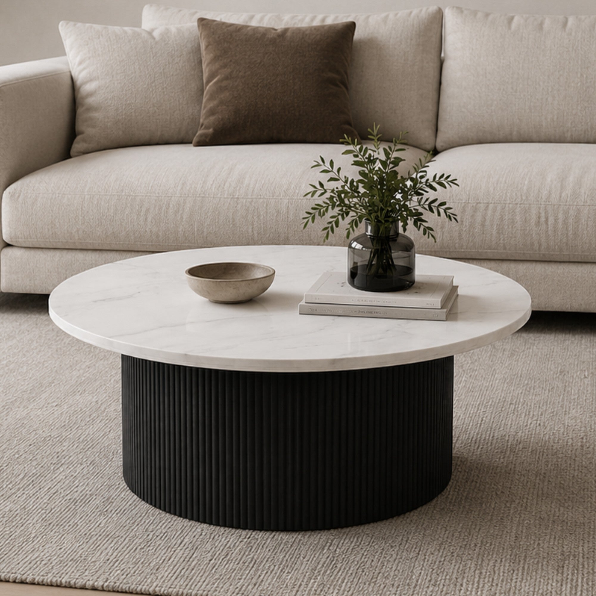 Roman White Marble Coffee Table Black Base
