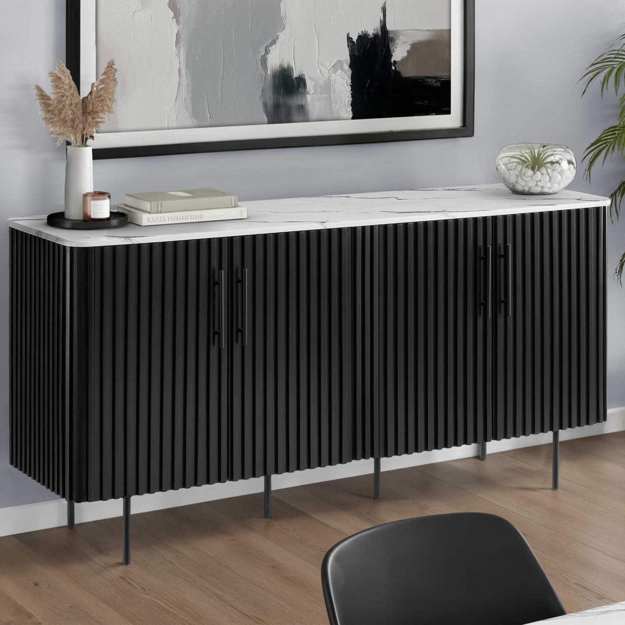 Modern 66” Dining Cabinet White Faux Marble Top & Black Base | CastleUp Experience Centre Online Furniture