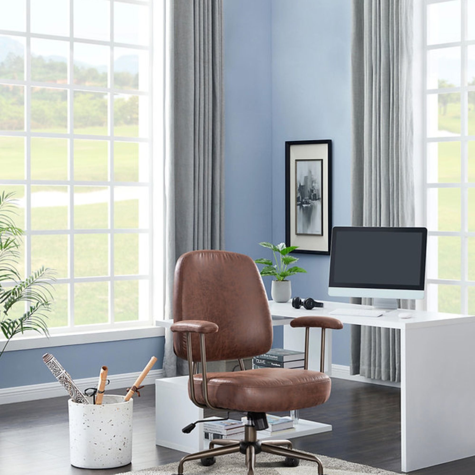 Elite Living Wellington designer office chair in coffee color with padded armrests and ergonomic design for comfortable seating.