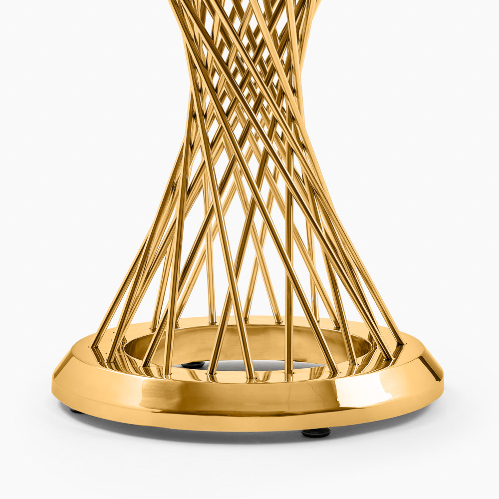 Close-up of the Xcella Bailey end table showcasing a gold finish and modern design detail.