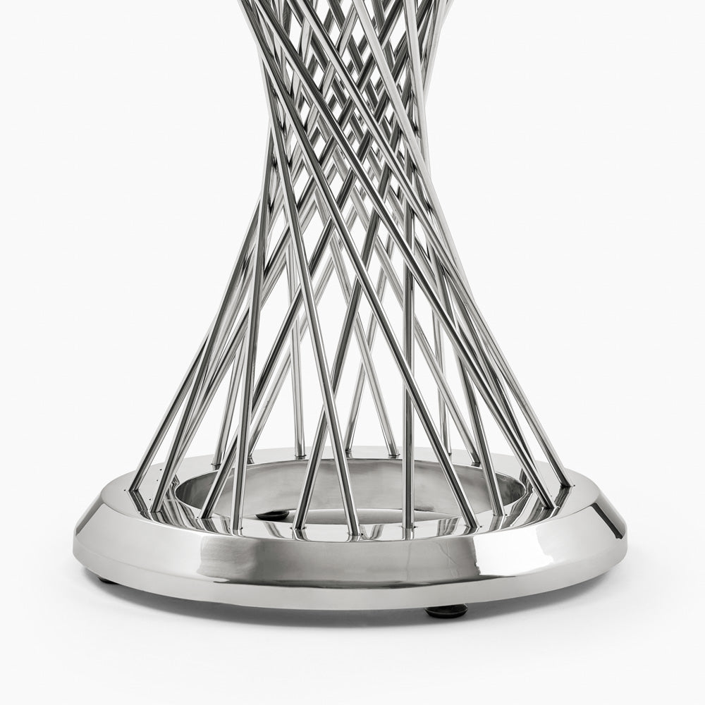 Xcella Bailey end table with sleek silver finish, detailed close-up of modern design and smooth surface.