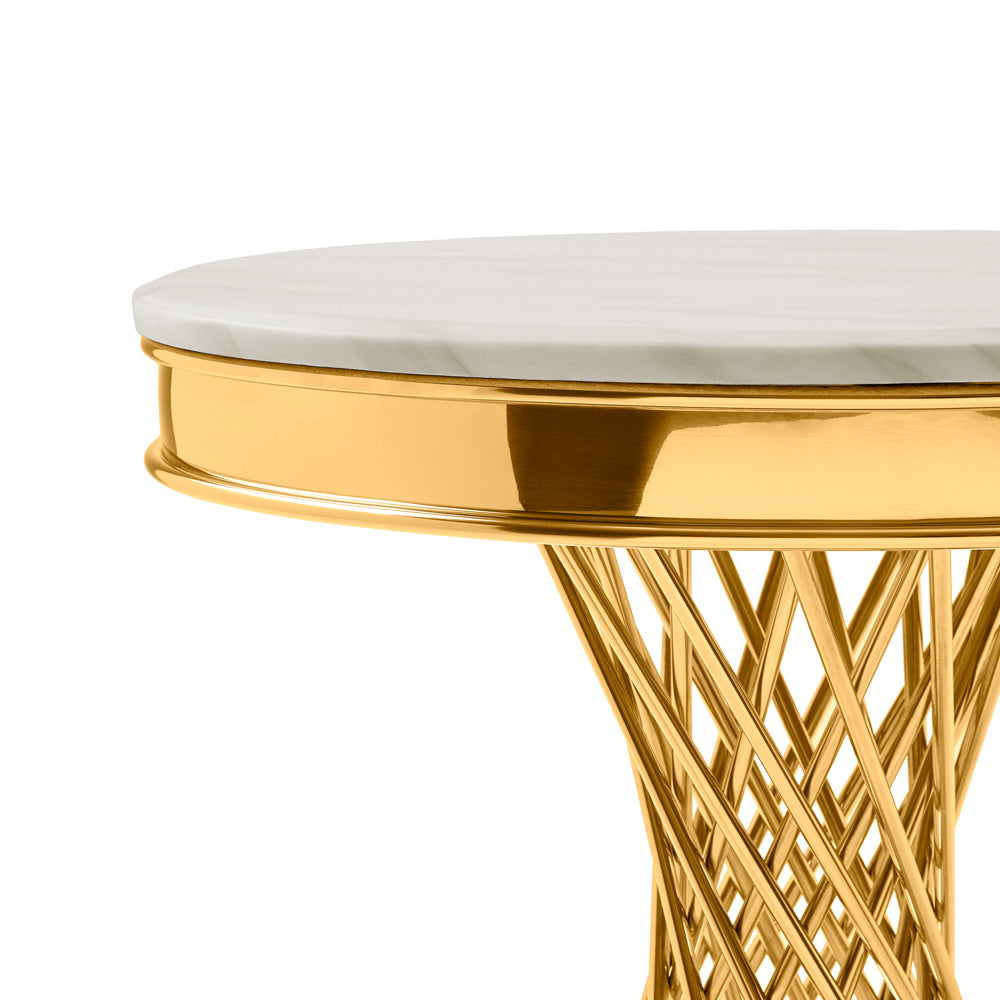 Xcella Bailey end table with a gold finish, featuring a sleek, modern design and detailed craftsmanship.