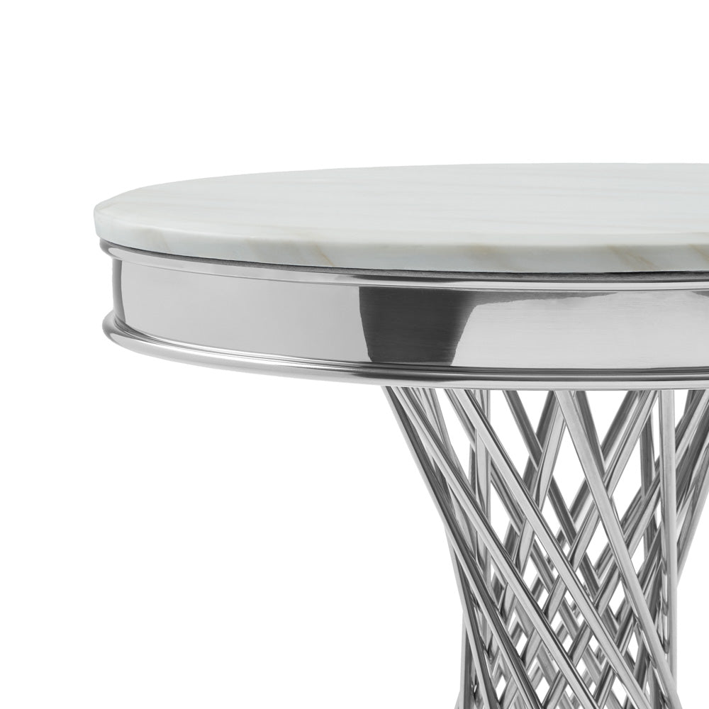 Xcella Bailey end table with a sleek silver finish, featuring a modern design and smooth surface for stylish living room decor.