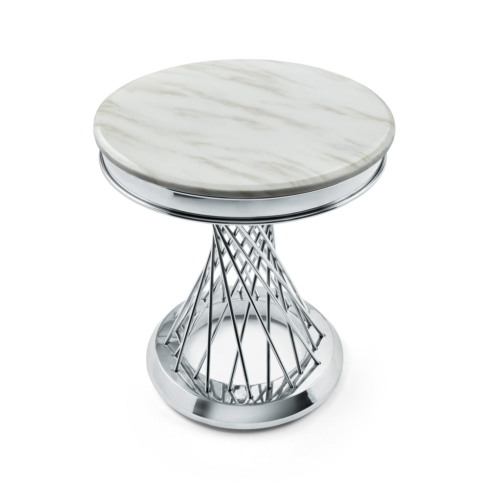 Xcella Bailey end table with sleek silver finish, featuring a modern design and smooth surface for stylish living room decor.