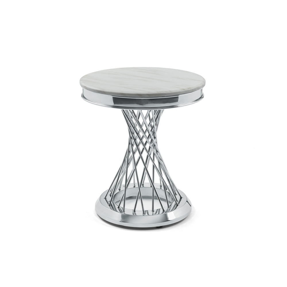 Xcella Bailey end table with silver finish, featuring a modern design and sleek surface, shown from the front.