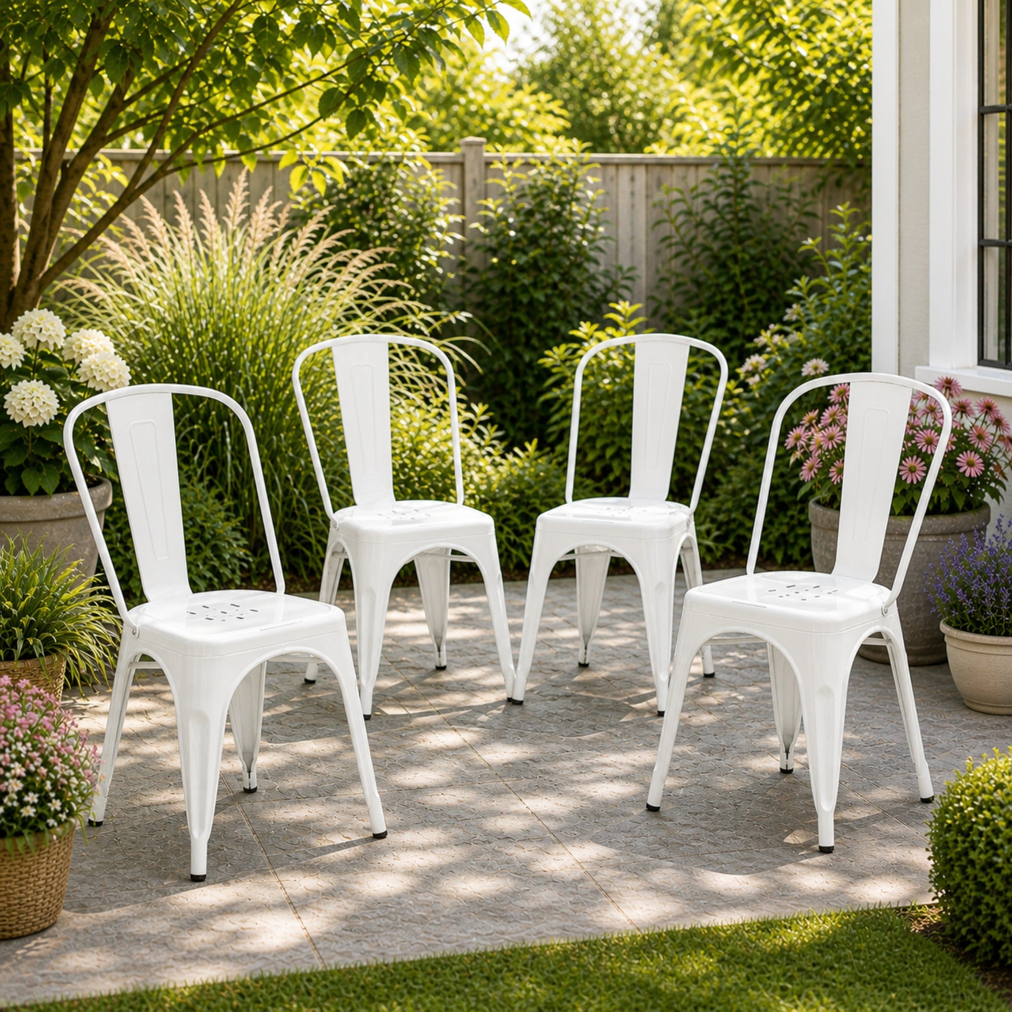 Pair of white Rochelle stackable dining chairs by Elite Living, outdoor-friendly seating with modern design and sturdy construction.