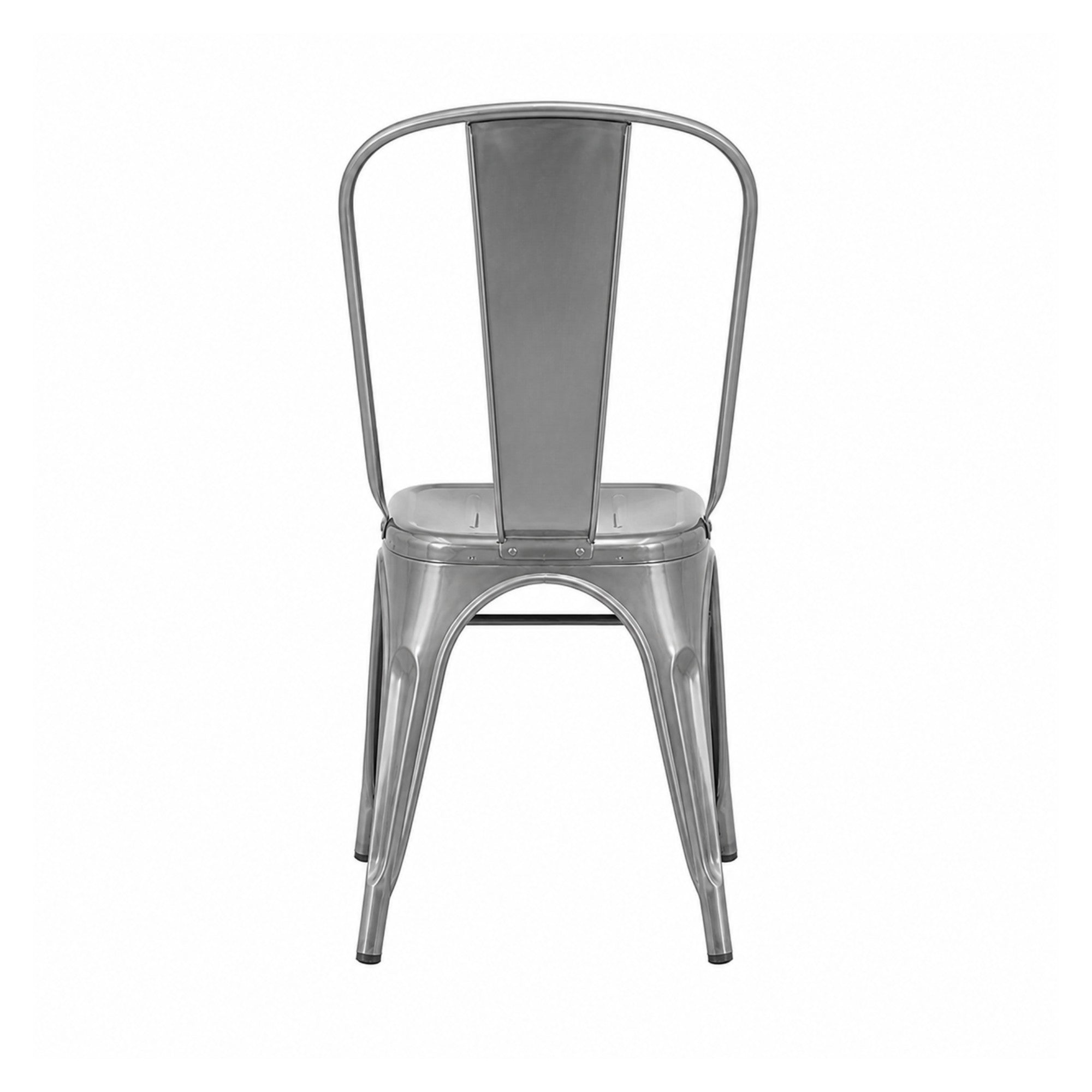 Set of two Elite Living Rochelle stackable outdoor dining chairs in gun steel finish, featuring modern design and durable metal construction.