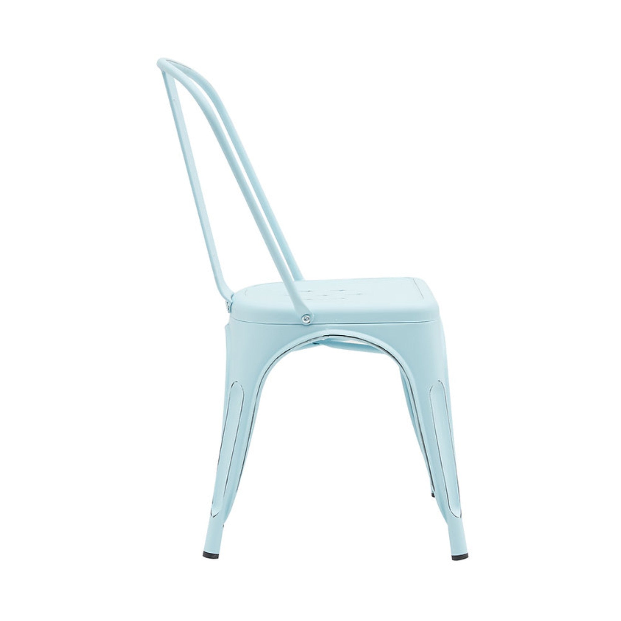 Set of two Elite Living Rochelle light blue outdoor dining chairs, stackable with modern design and comfortable seating.