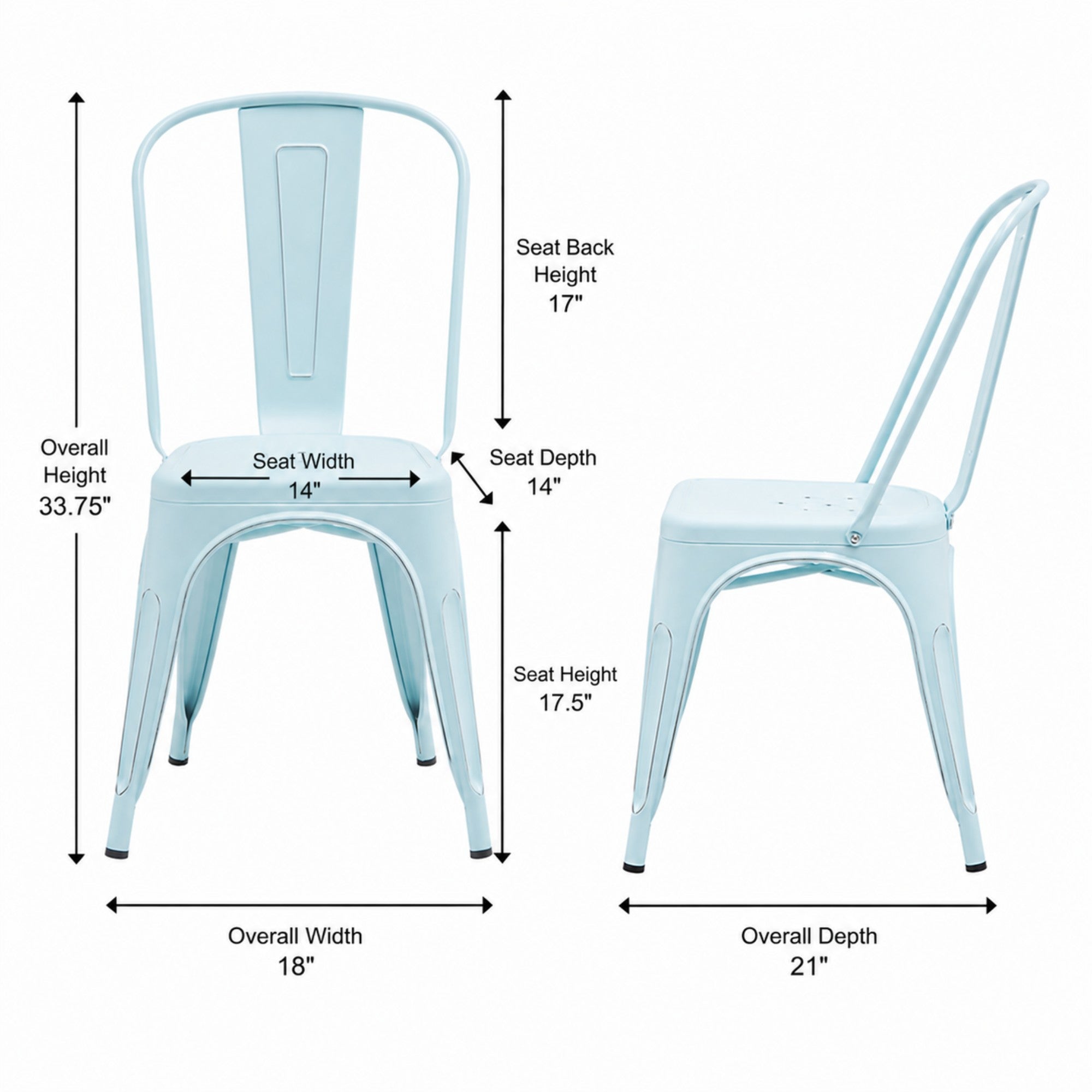 Two light blue Rochelle stackable dining chairs by Elite Living, outdoor seating with sleek modern design.